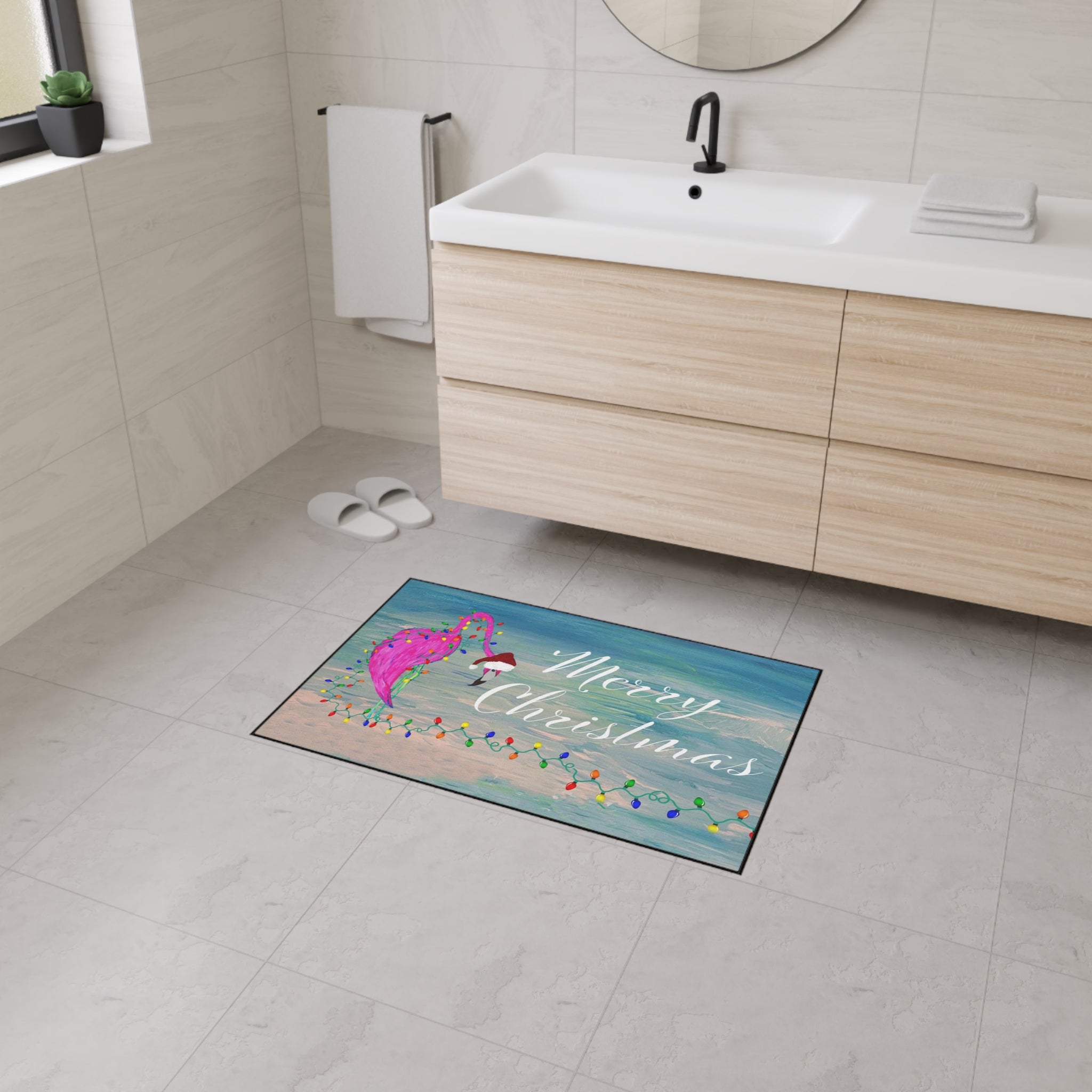 Christmas Flamingo Heavy-Duty Floor Mat — 'Merry Christmas' Holiday Doormat