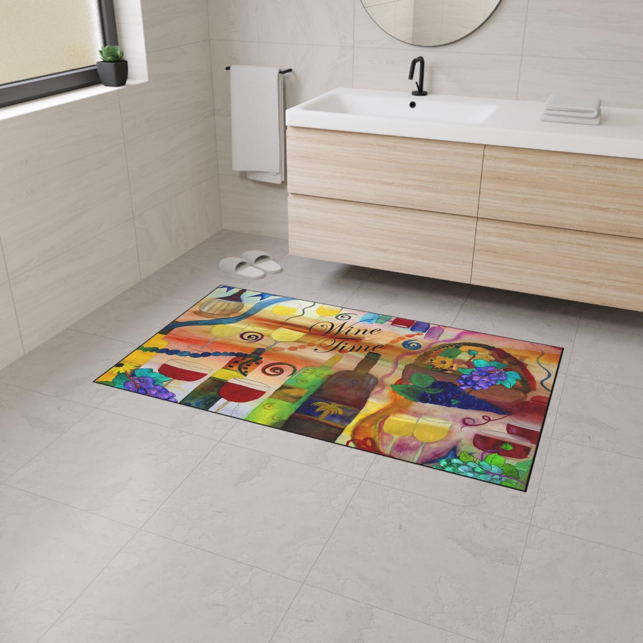 Wine Time Heavy Duty Floor Mat — Colorful Wine Bottle & Glass Kitchen Rug