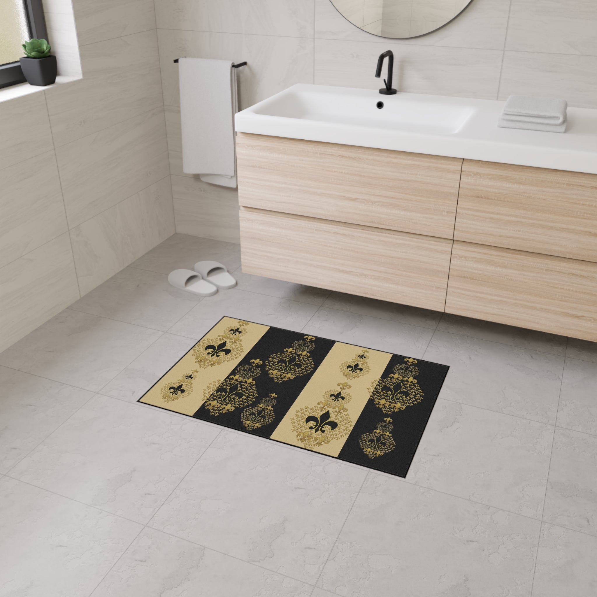 Fleur-de-Lis Heavy Duty Floor Mat — Black & Gold Decorative Entry Rug