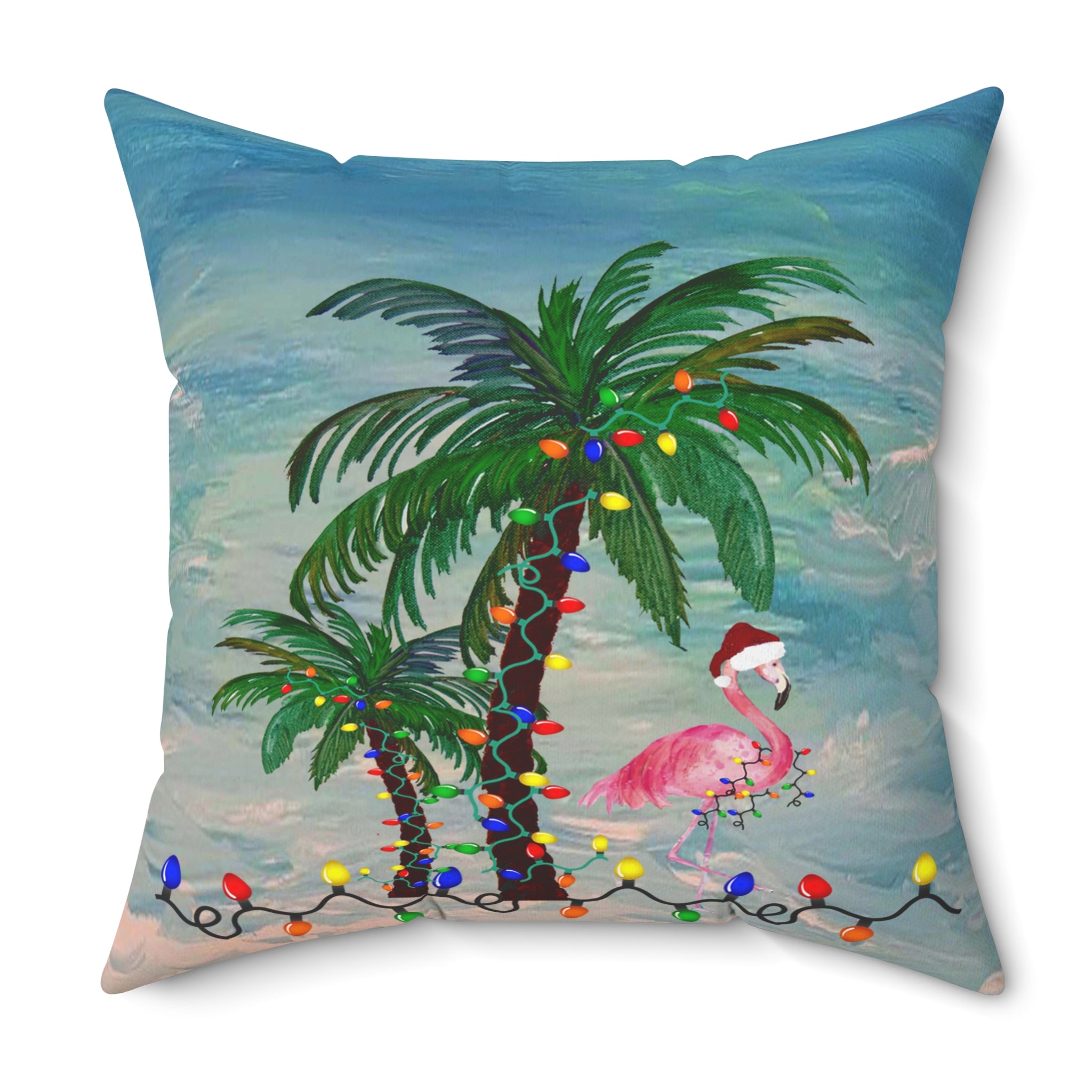 Tropical Christmas Palm Pillow — Flamingo with Holiday Lights