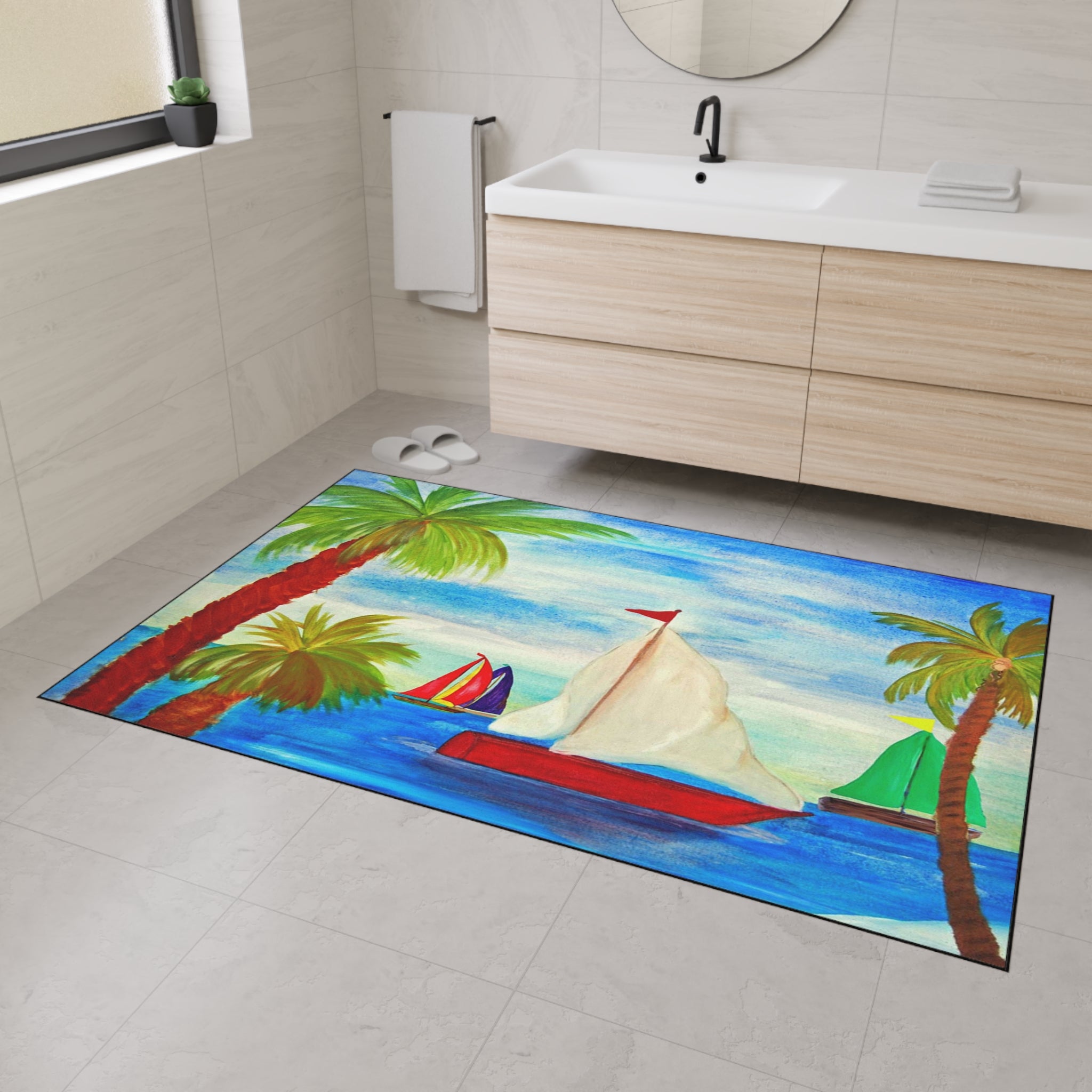 Sailboat Palm Beach Floor Mat — Heavy-Duty Tropical Welcome Mat