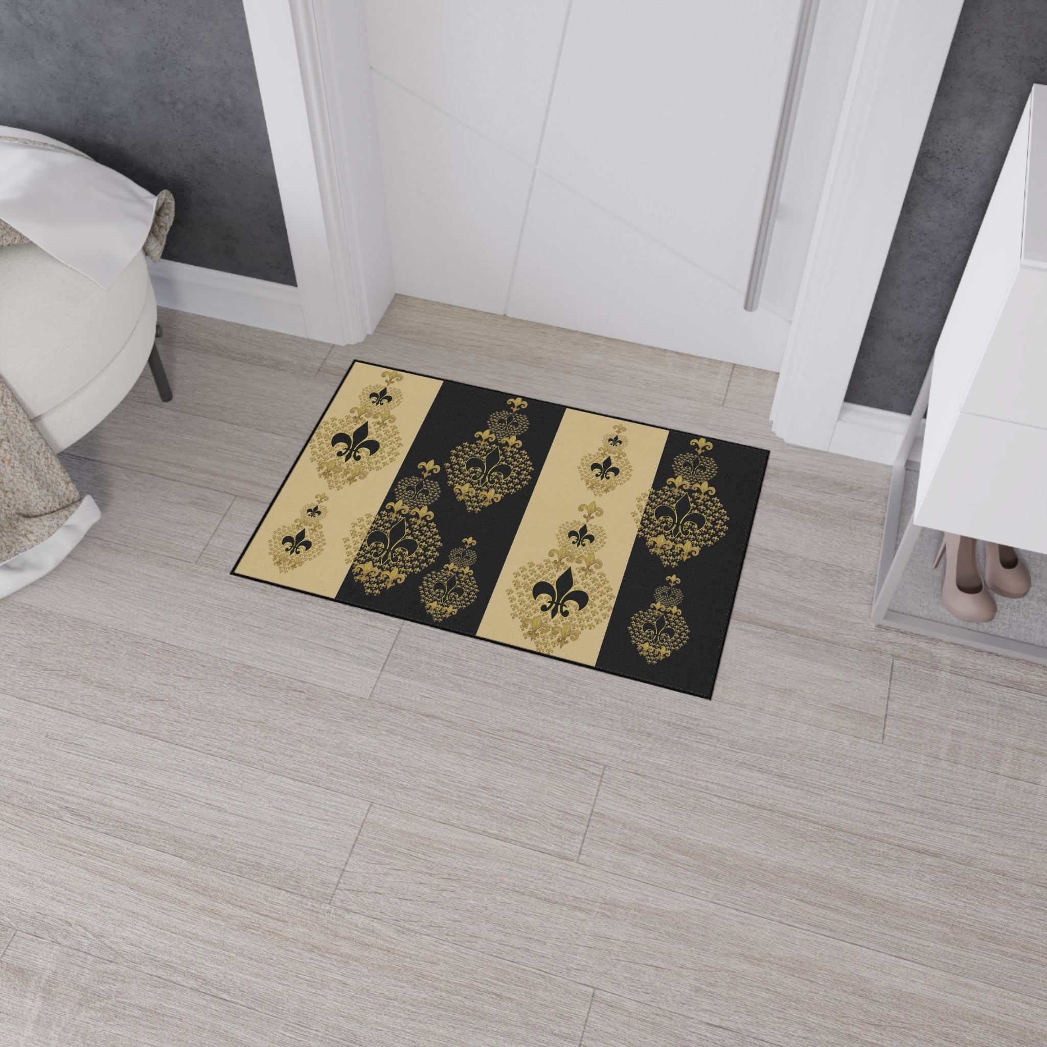 Fleur-de-Lis Heavy Duty Floor Mat — Black & Gold Decorative Entry Rug
