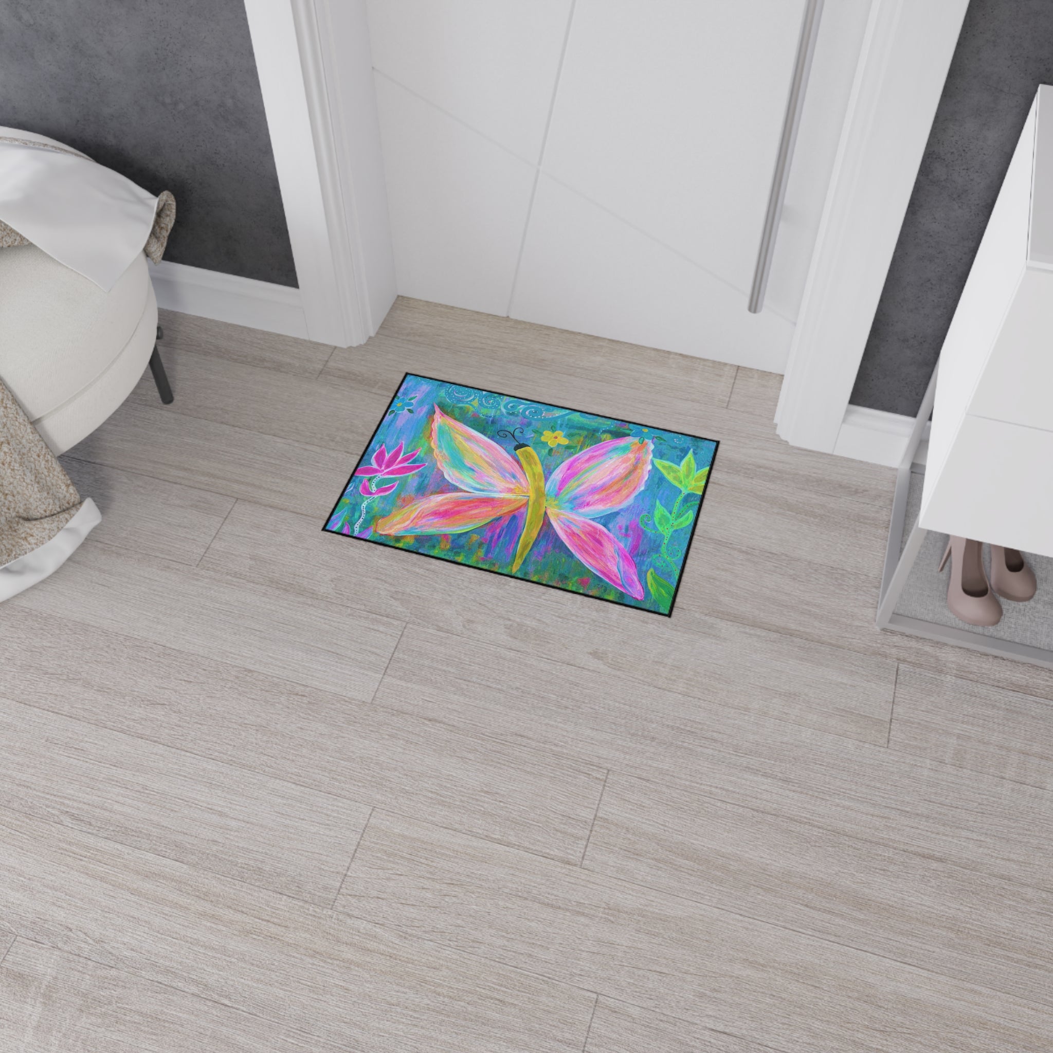 Pink Butterfly Floral Floor Mat — Colorful Garden Doormat