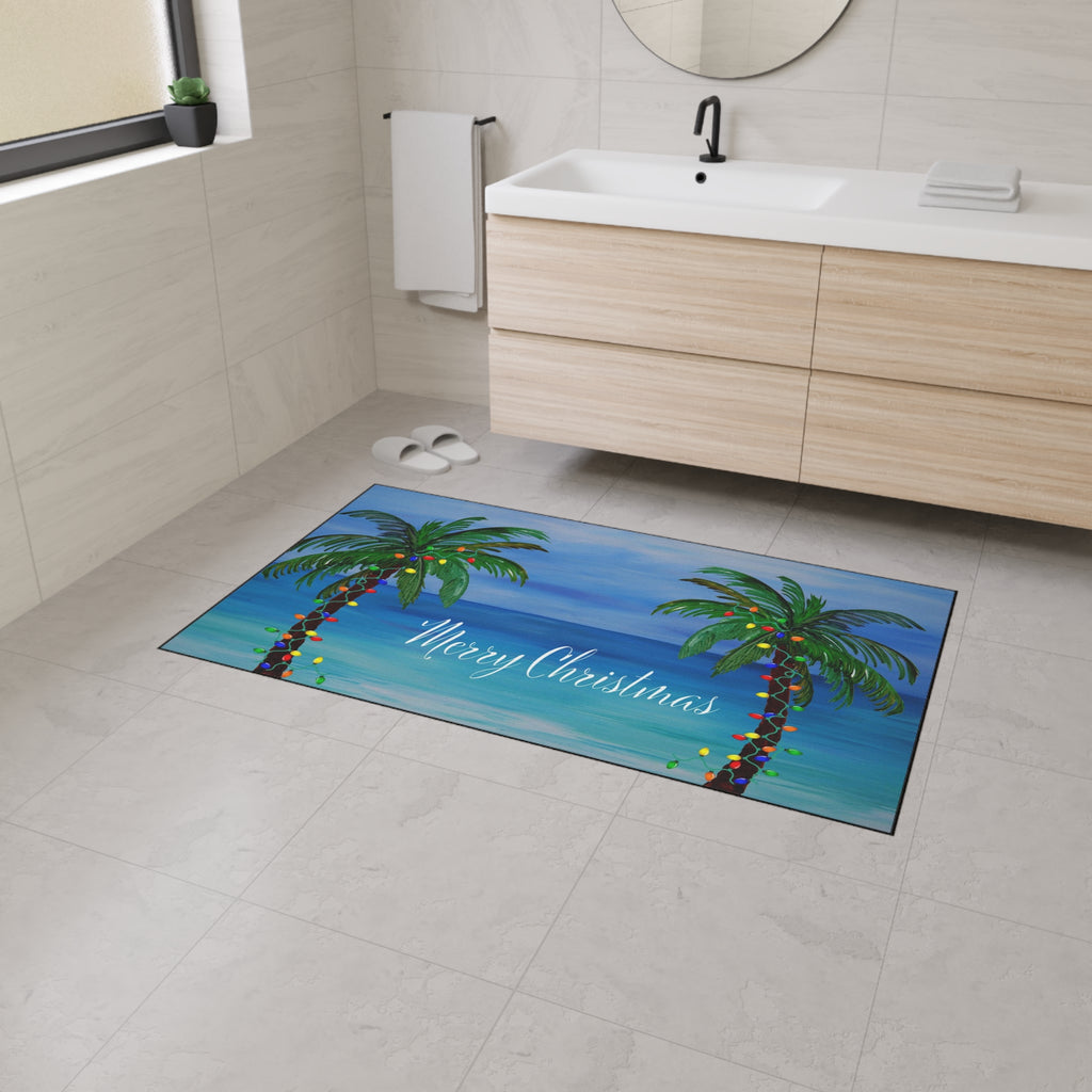 Merry Christmas Tropical Palm Doormat — Heavy Duty Holiday Floor Mat