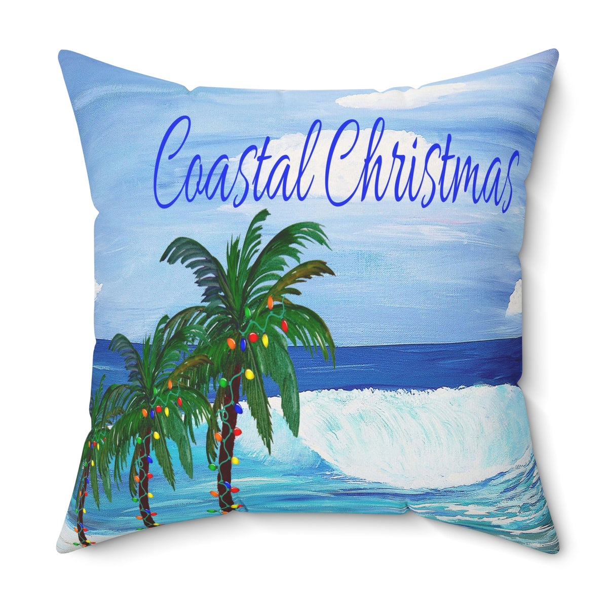 Coastal Christmas Throw Pillow - Tropical Palm Tree Beach Holiday Decor