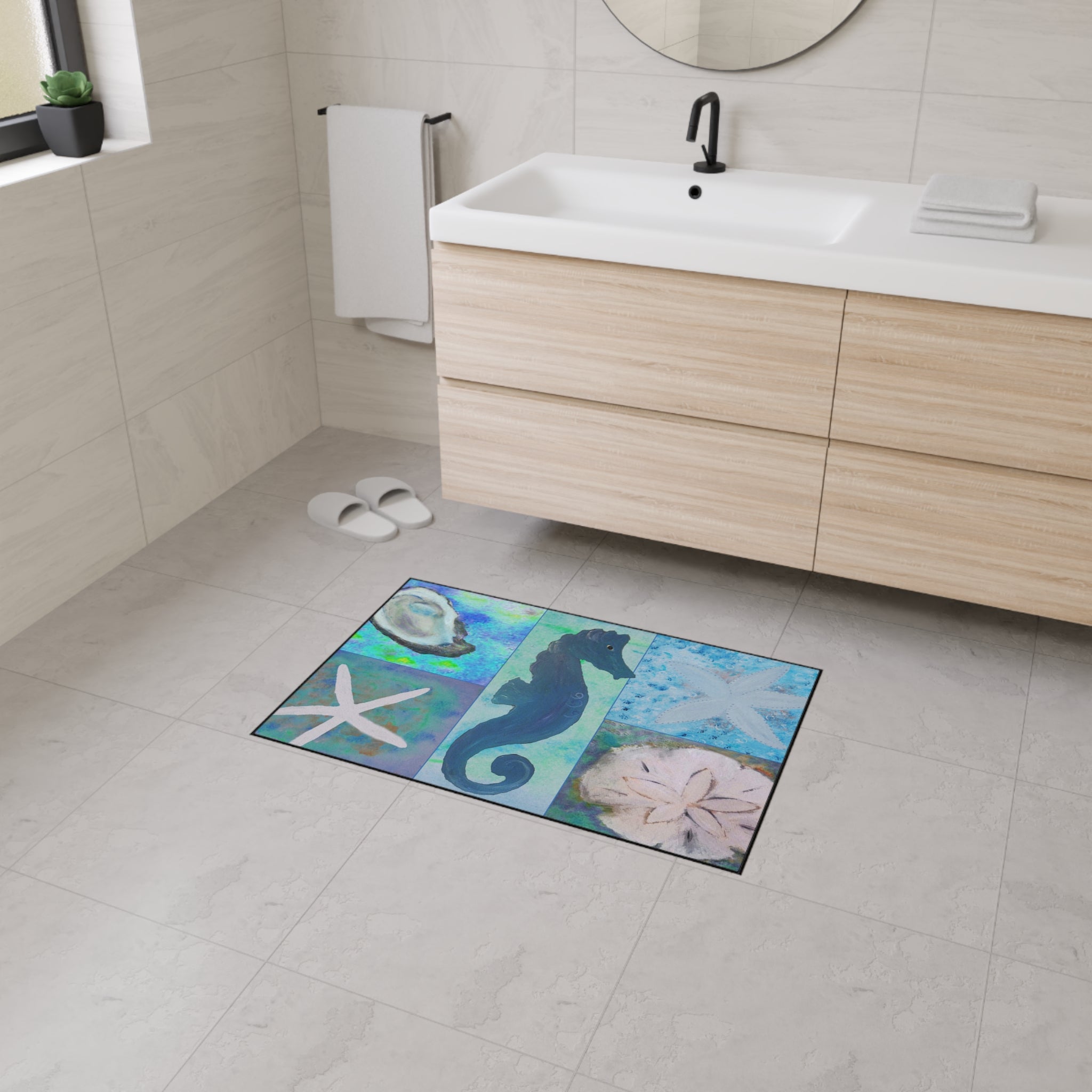 Coastal Sea Life Floor Mat — Seahorse, Starfish & Sand Dollar Rug