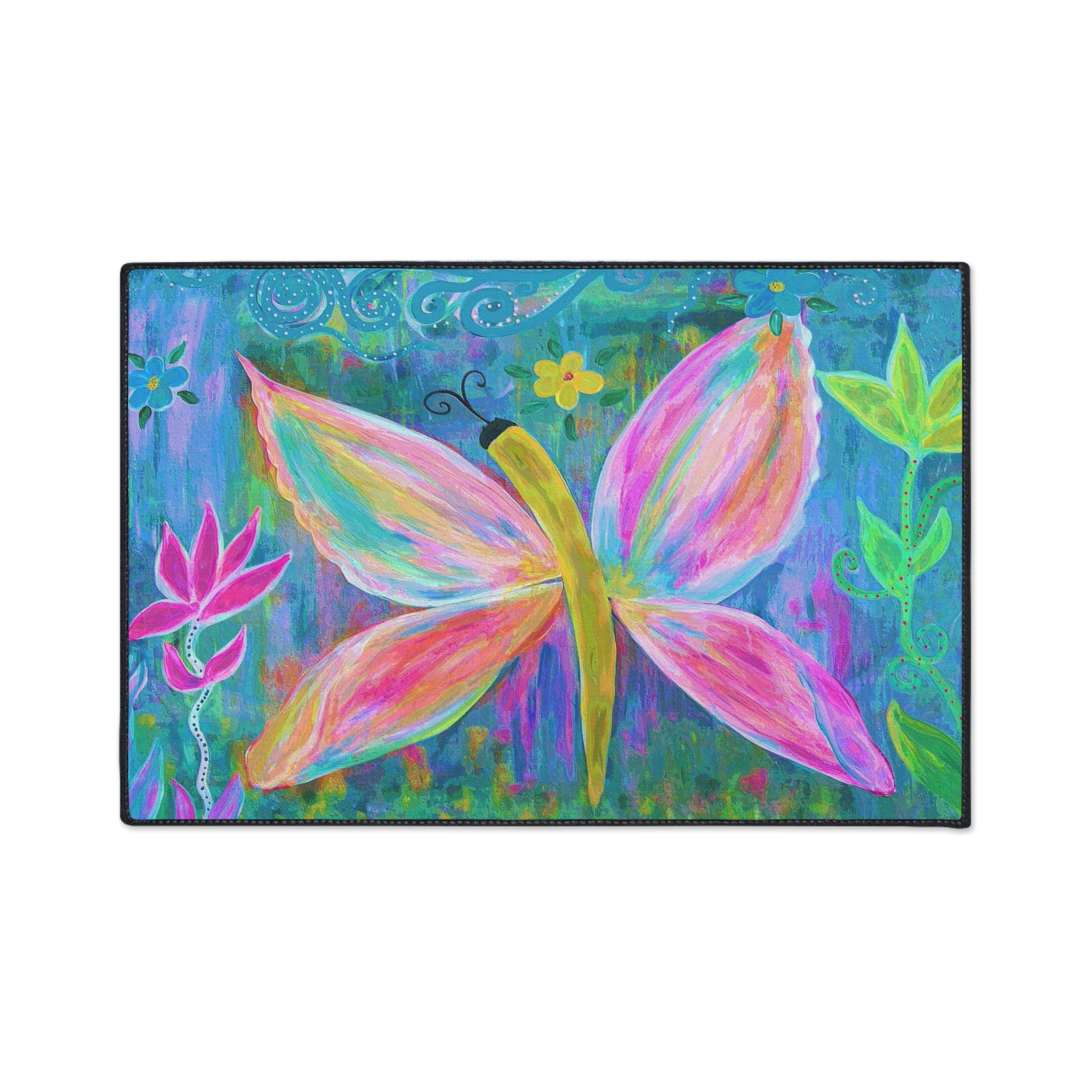 Pink Butterfly Floral Floor Mat — Colorful Garden Doormat