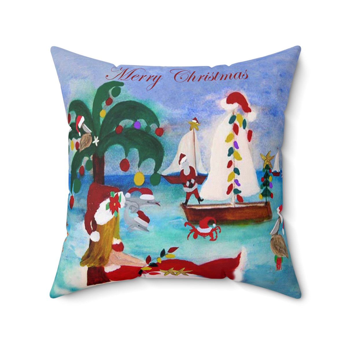 Christmas Coastal Pillow — 'Merry Christmas' Tropical Santa Decorative Throw Pillow
