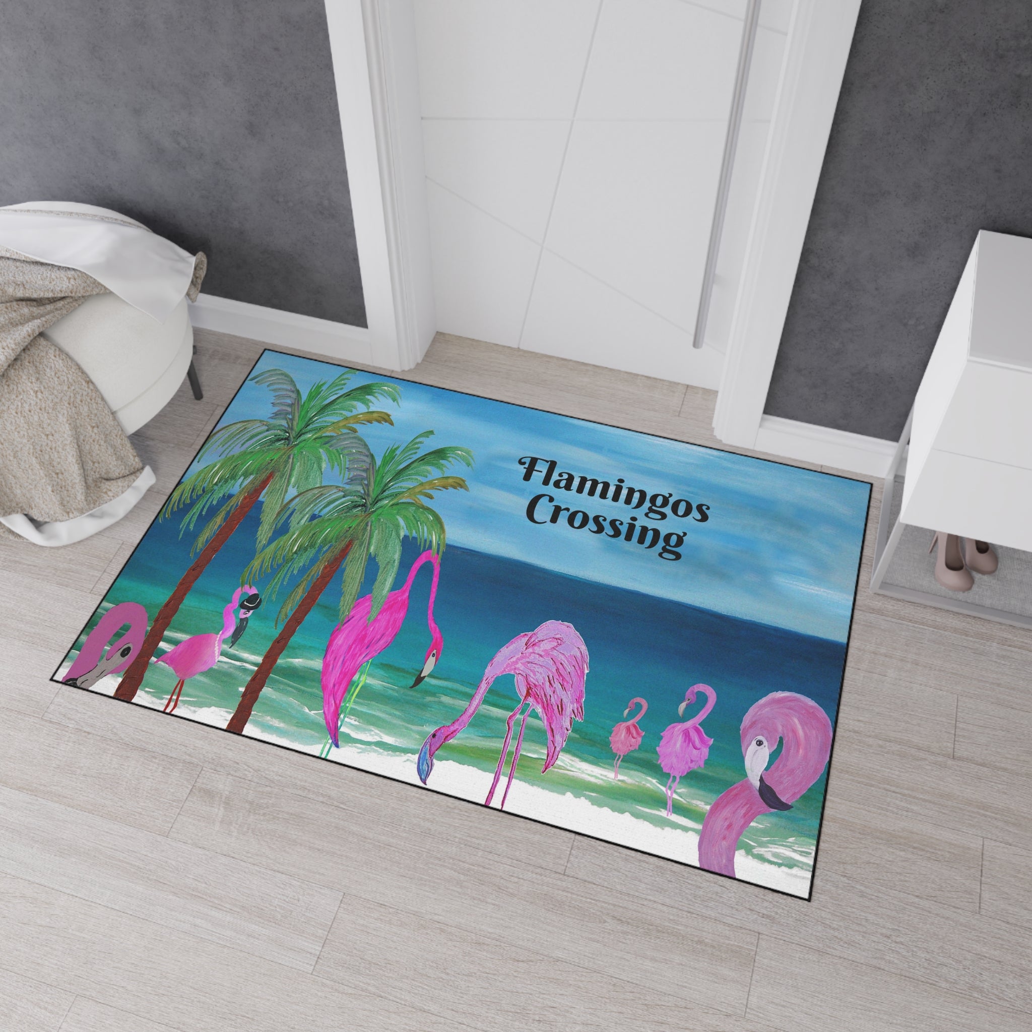 Flamingos Crossing Beach Mat — Heavy Duty Floor Mat