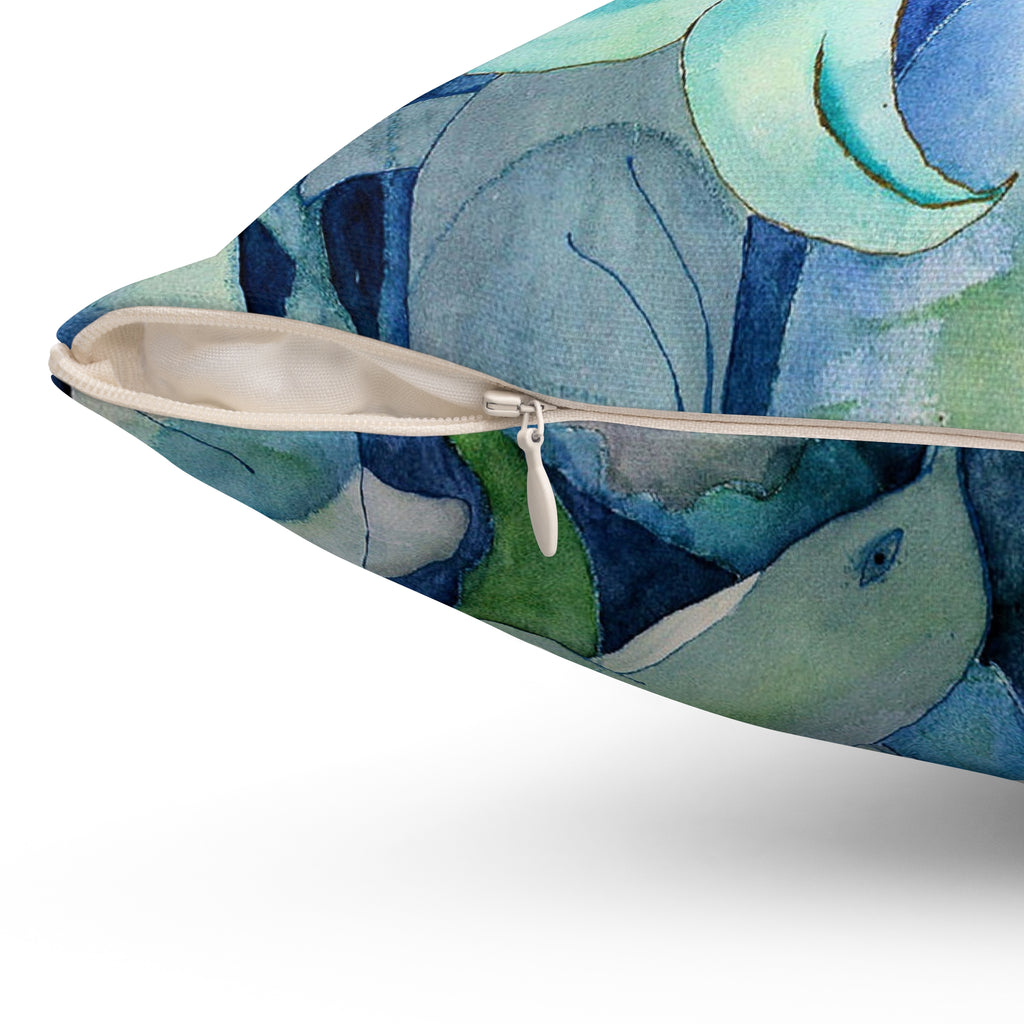 Mermaid & Dolphins Watercolor Throw Pillow — Ocean Blue Decorative Cushion