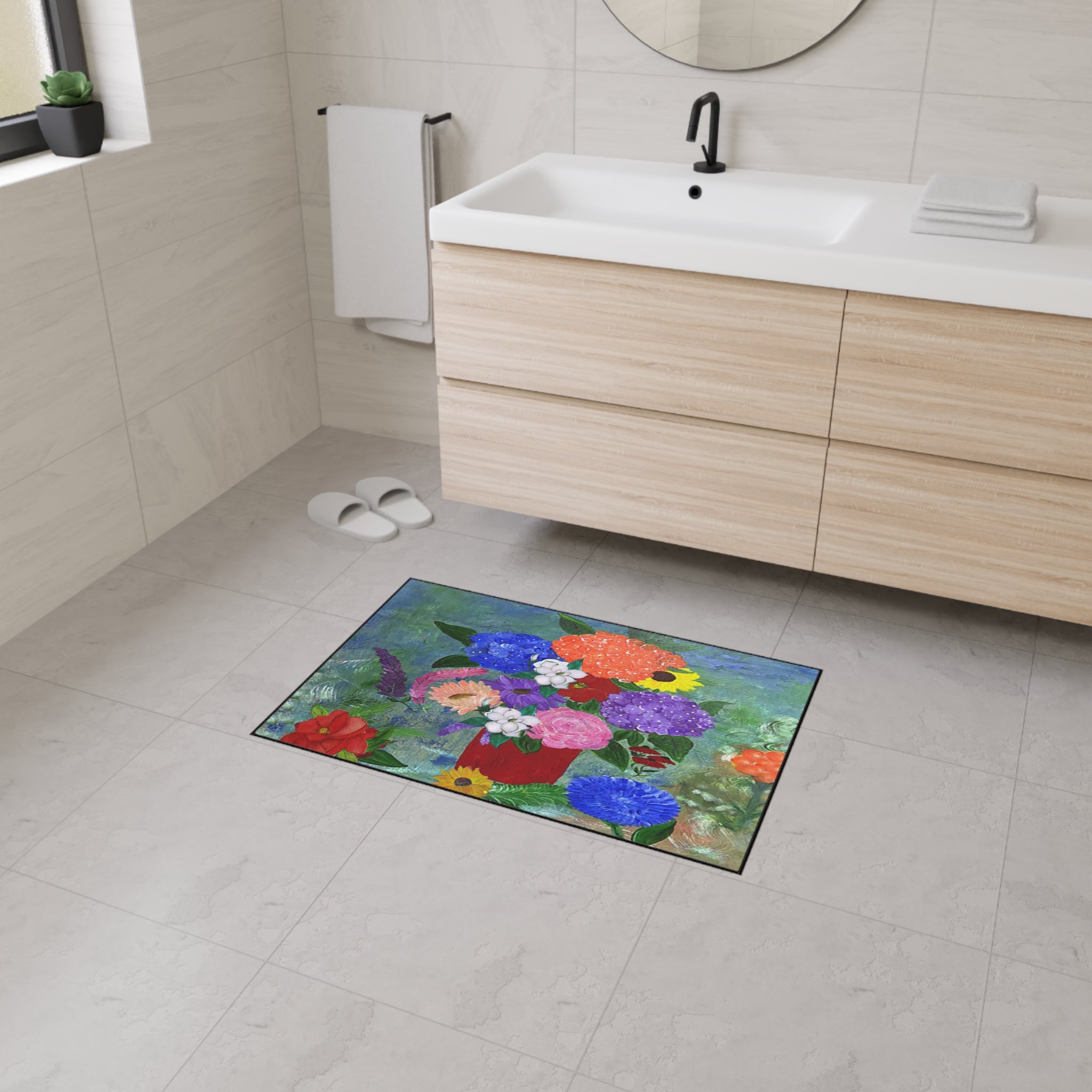 Floral Bouquet Heavy-Duty Floor Mat — Colorful Painted Flowers Entrance Rug