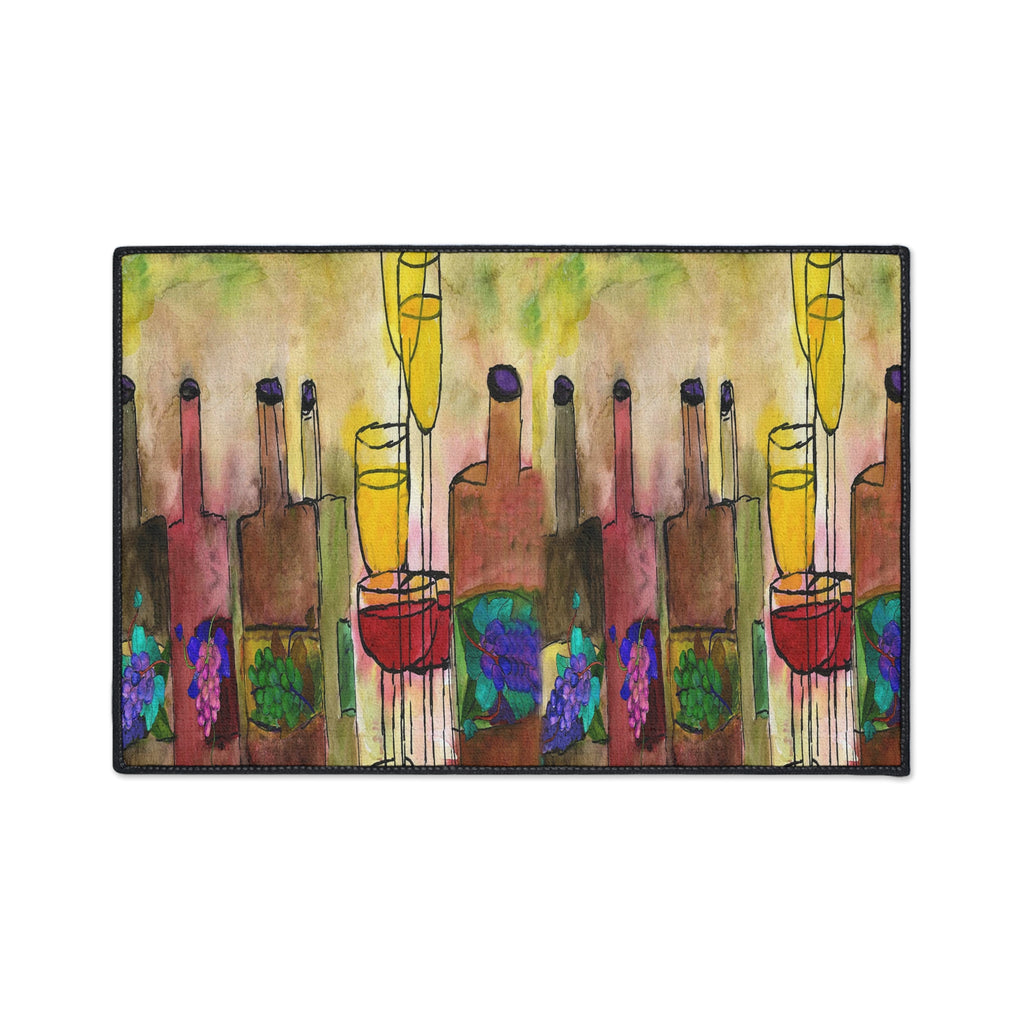 Wine Bottle Art Heavy Duty Floor Mat Vineyard Bar Colorful Grapes & Glasses Entry Rug
