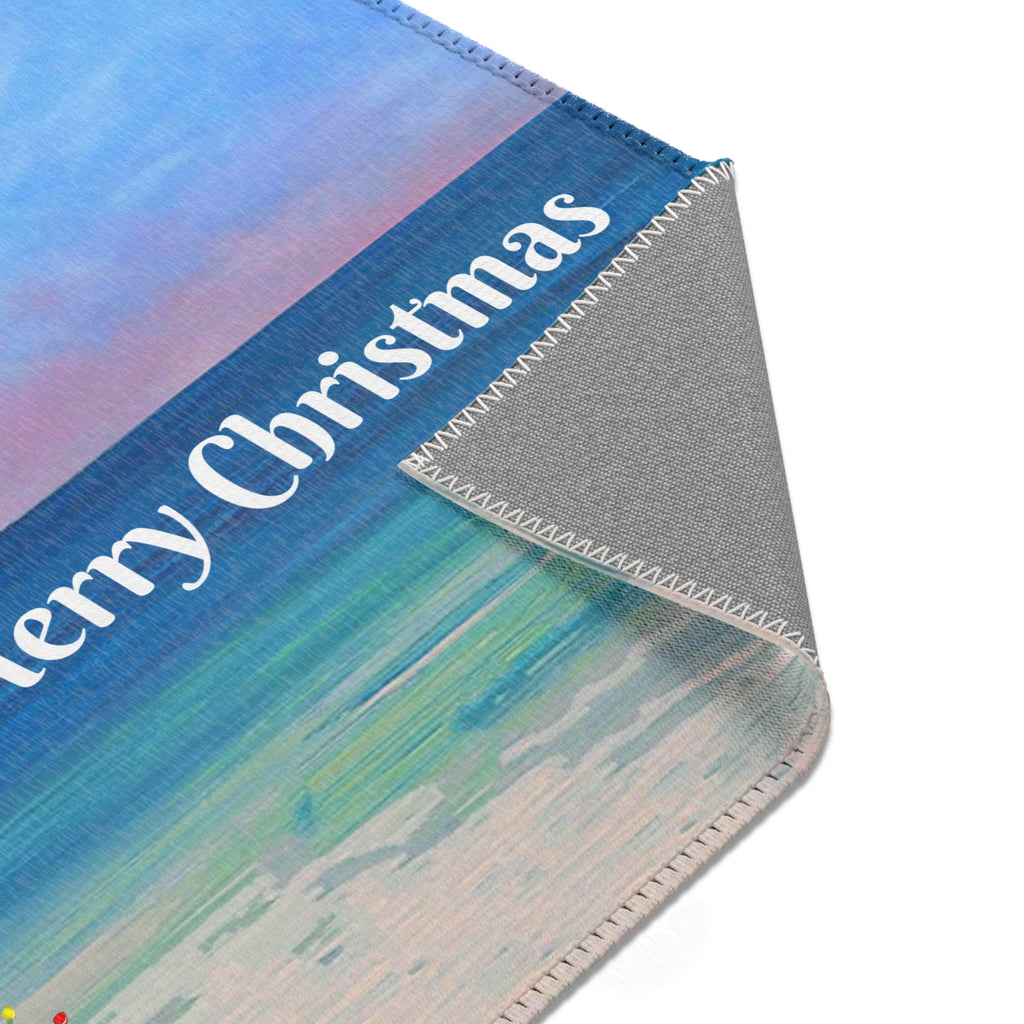 Merry Christmas Beach Area Rug – Tropical Palm & Pelican Holiday Mat