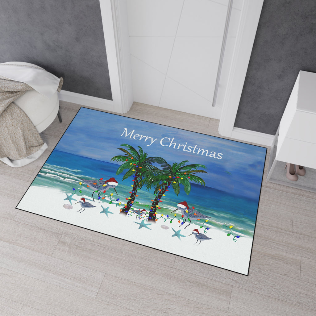 Sandpipers Shore Birds with Santa hats festive Beach Palm 'Merry Christmas' Floor Mat — Tropical Holiday Doormat
