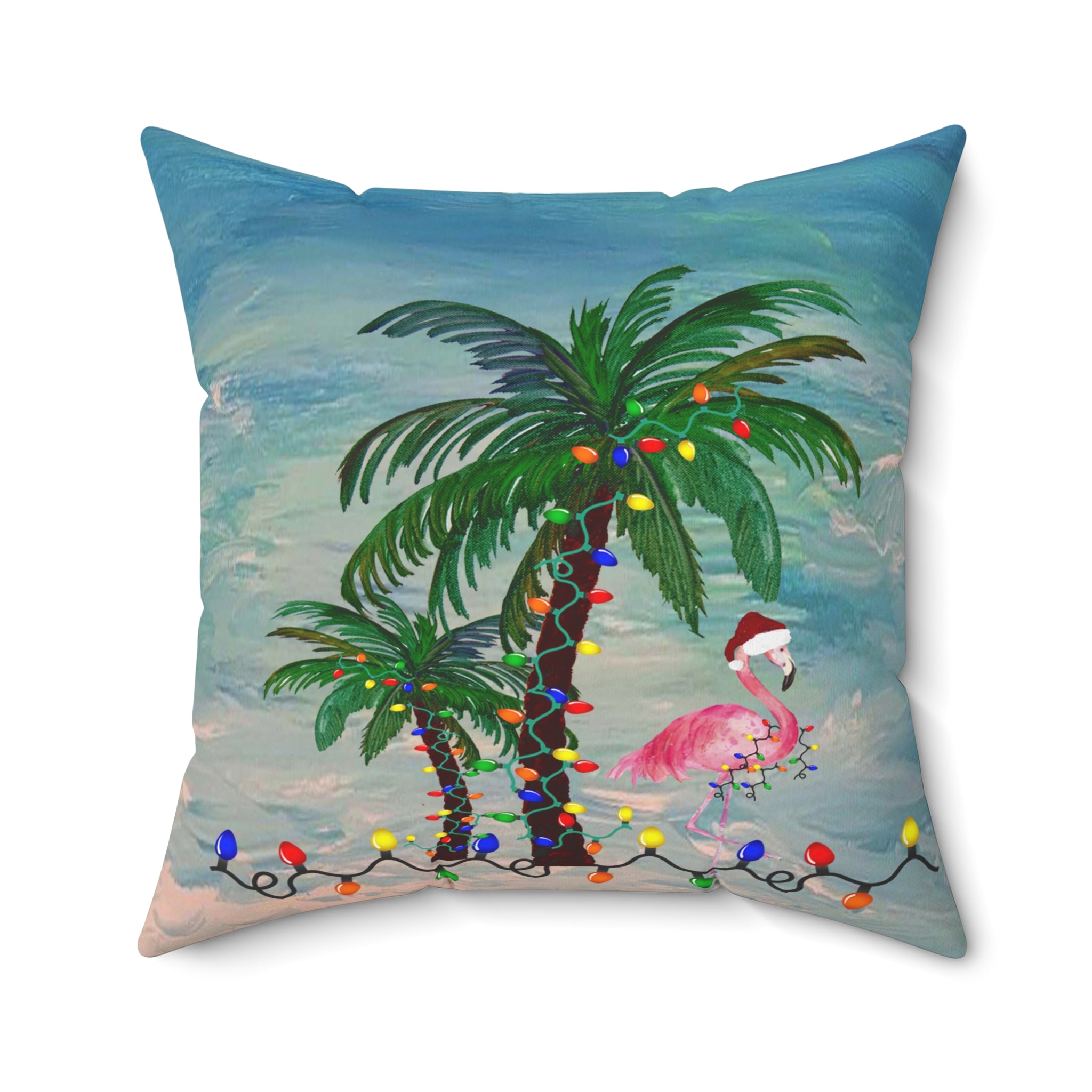 Tropical Christmas Palm Pillow — Flamingo with Holiday Lights