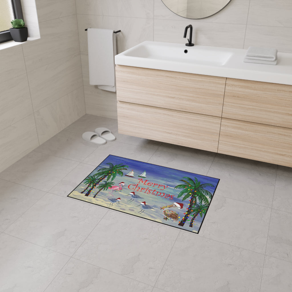 Coastal Christmas Floor Mat — “Merry Christmas” Palm Trees & Seagulls Heavy-Duty Doormat