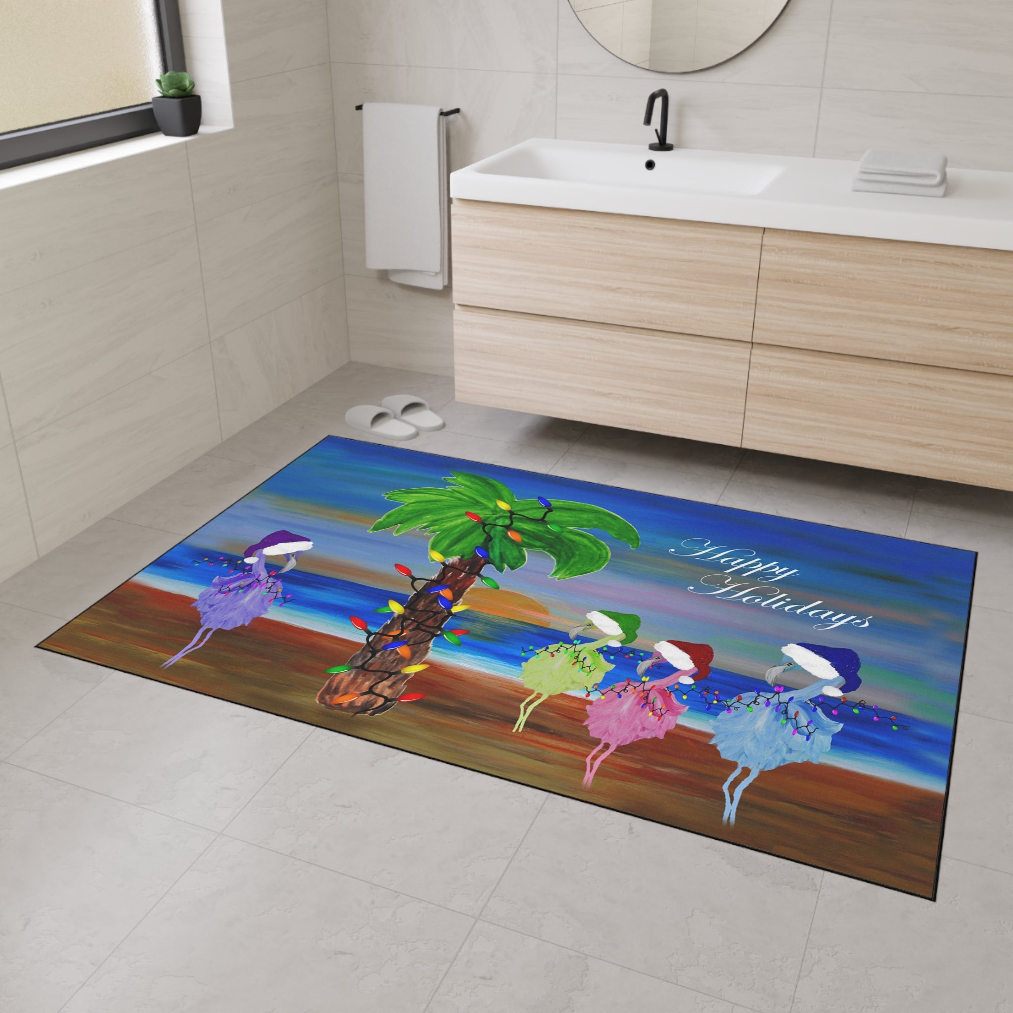 Holiday Beach Floor Mat — "Happy Holidays" Palm Tree & Carolers Doormat