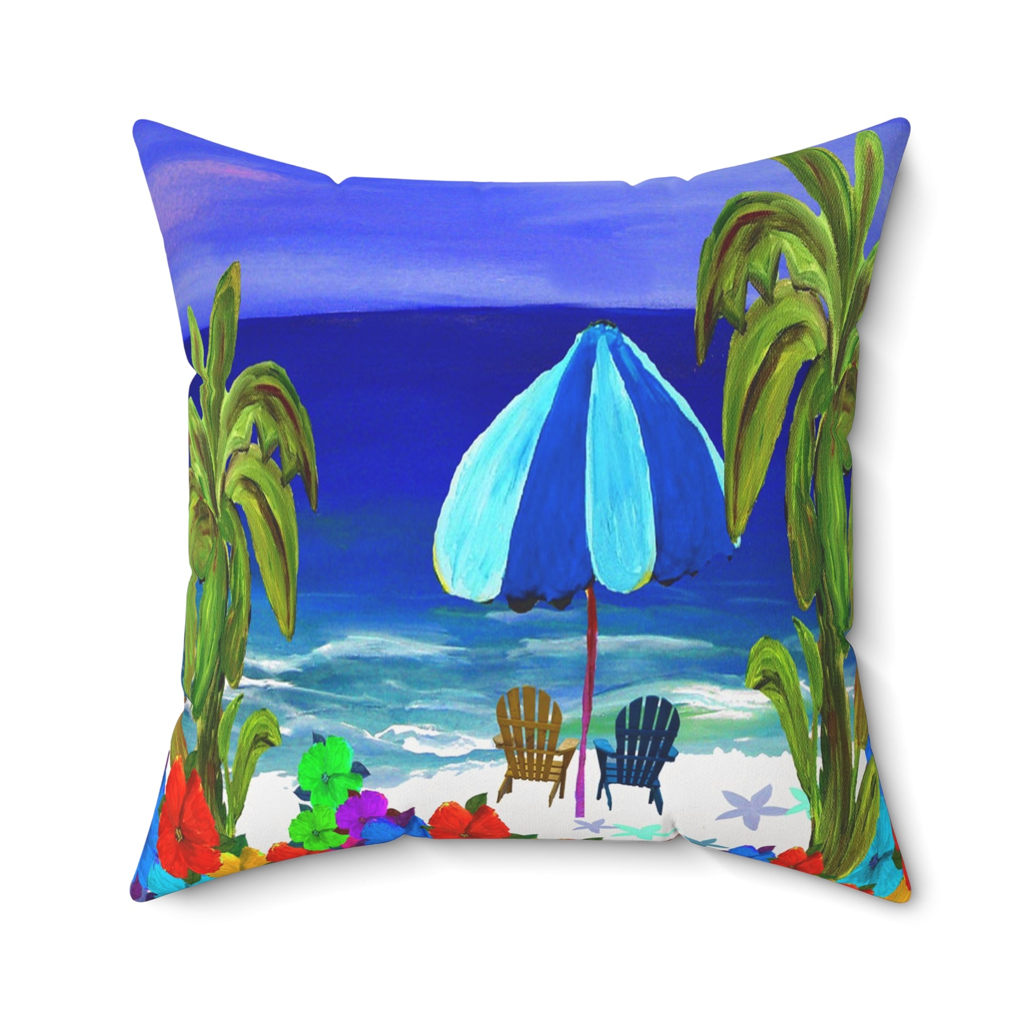Beach Scene Throw Pillow — Tropical Umbrella & Palm Trees Decorative Pillow