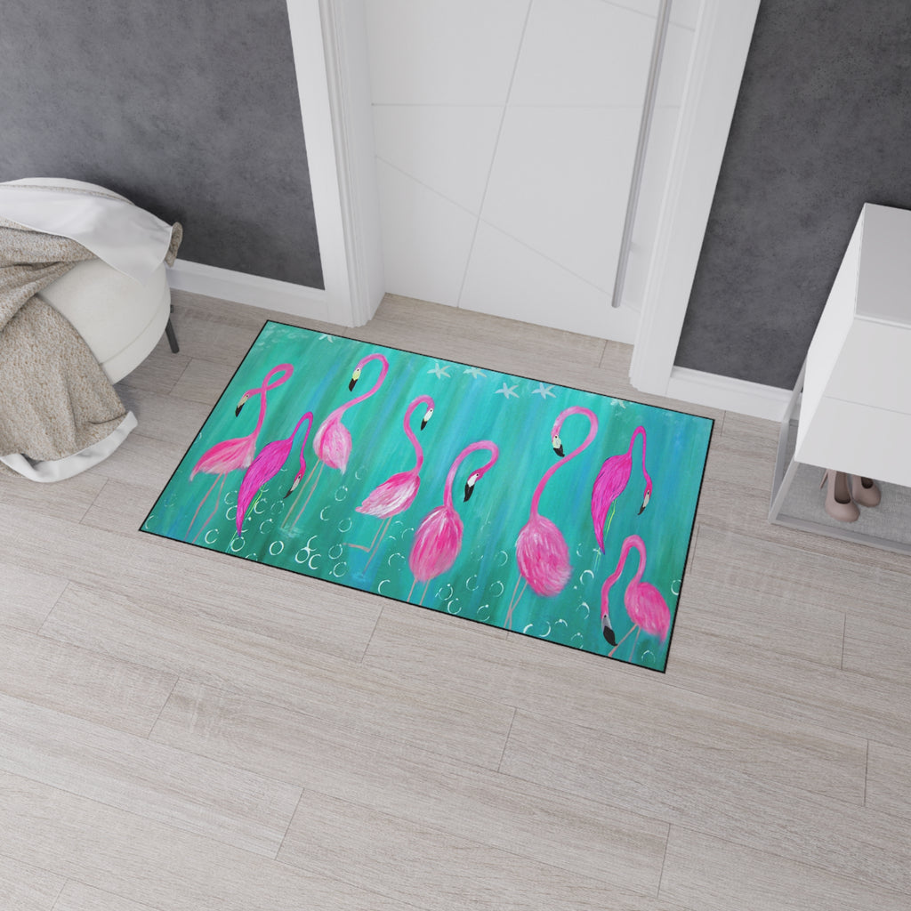 Flamingo Beach Floor Mat — Vibrant Pink Flamingos on Teal Non-Slip Mat