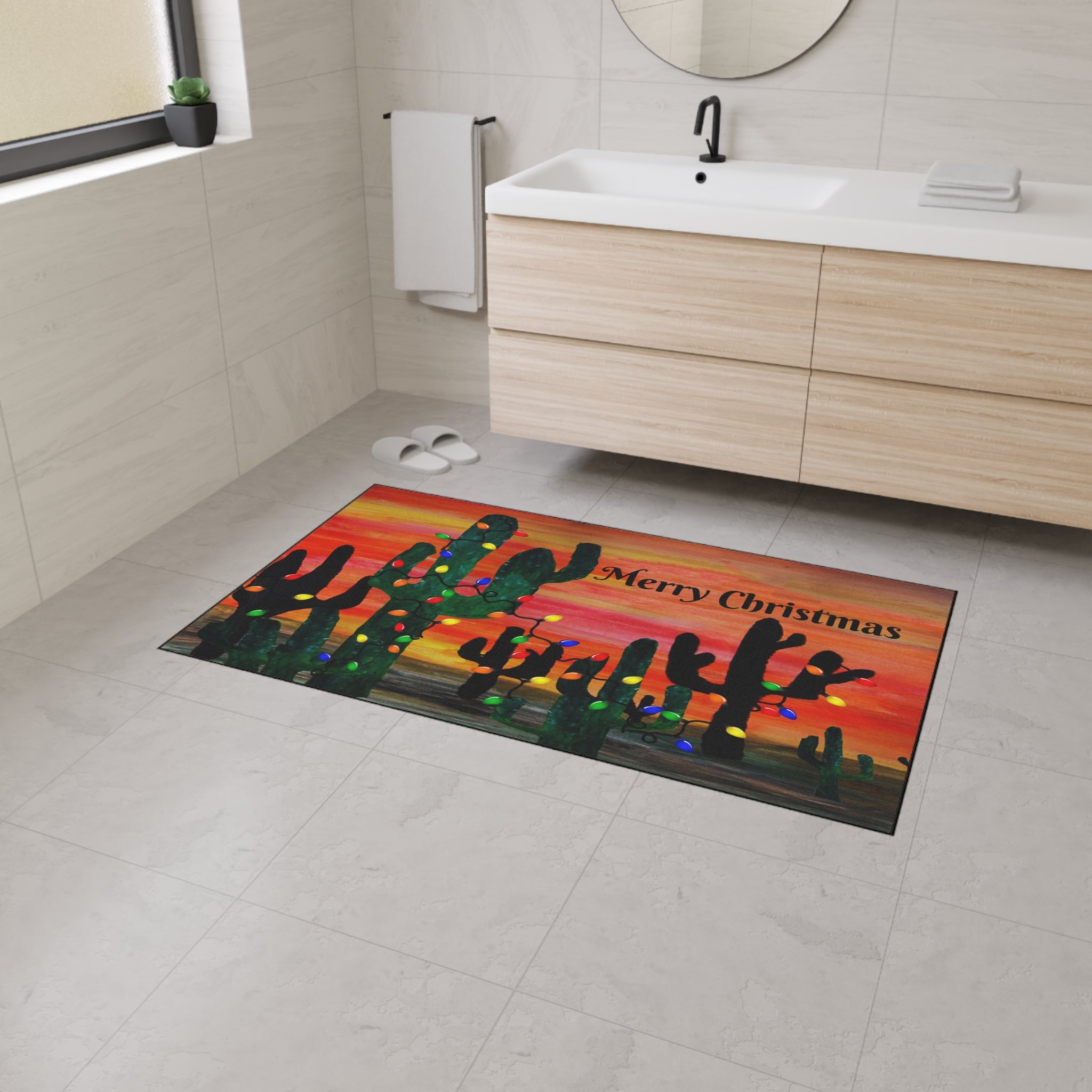 Christmas Cactus Doormat - "Merry Christmas" Desert Sunset Floor Mat