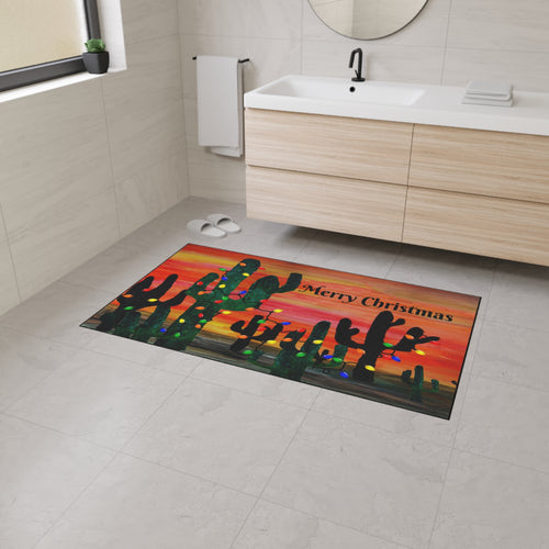 Christmas Cactus Doormat - "Merry Christmas" Desert Sunset Floor Mat