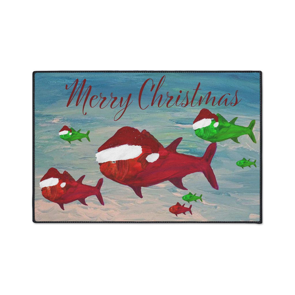 Christmas Fish Floor Mat — Merry Christmas Santa Hat Fish Holiday Door Mat