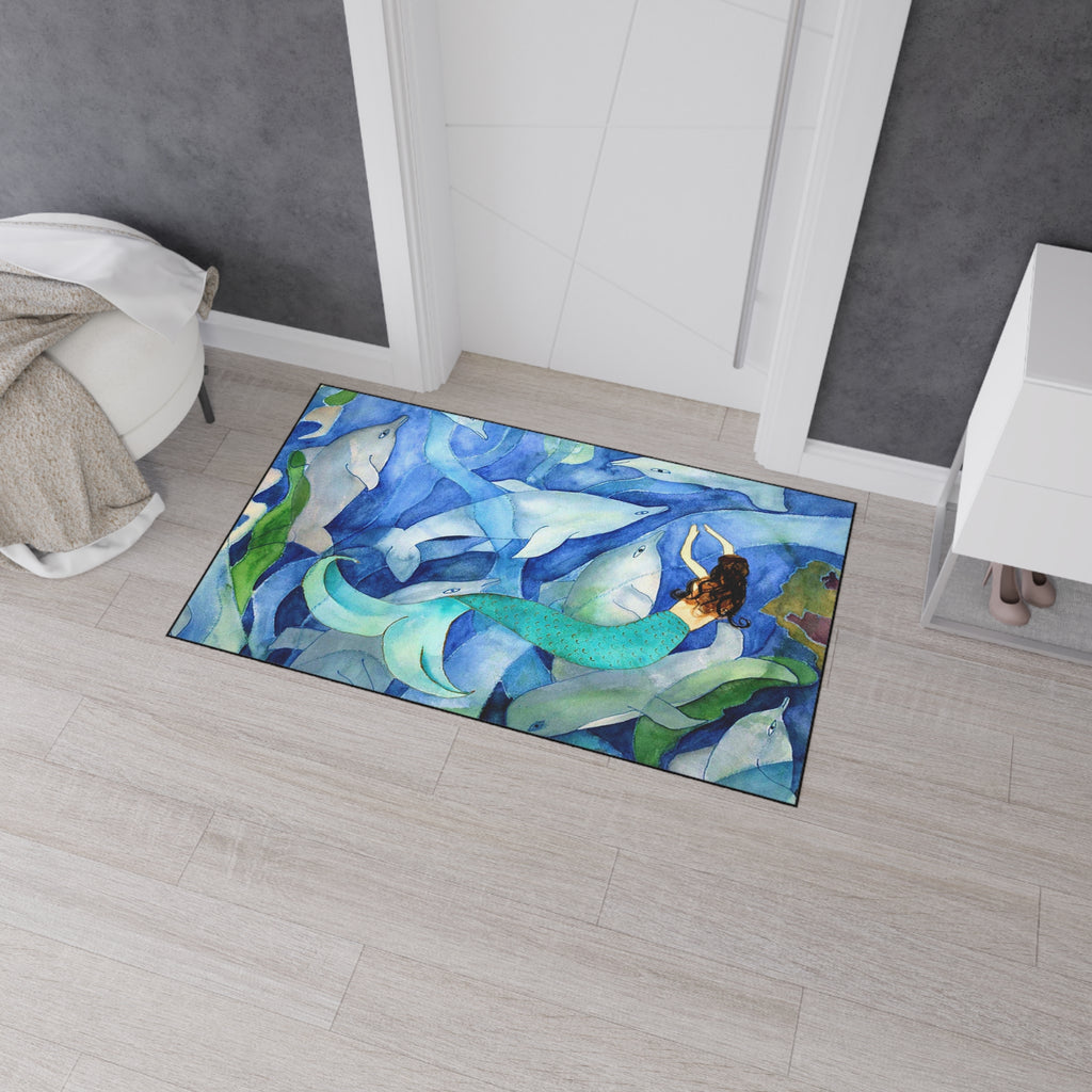Mermaid and Dolphins Ocean Floor Mat — Heavy-Duty Nautical Doormat