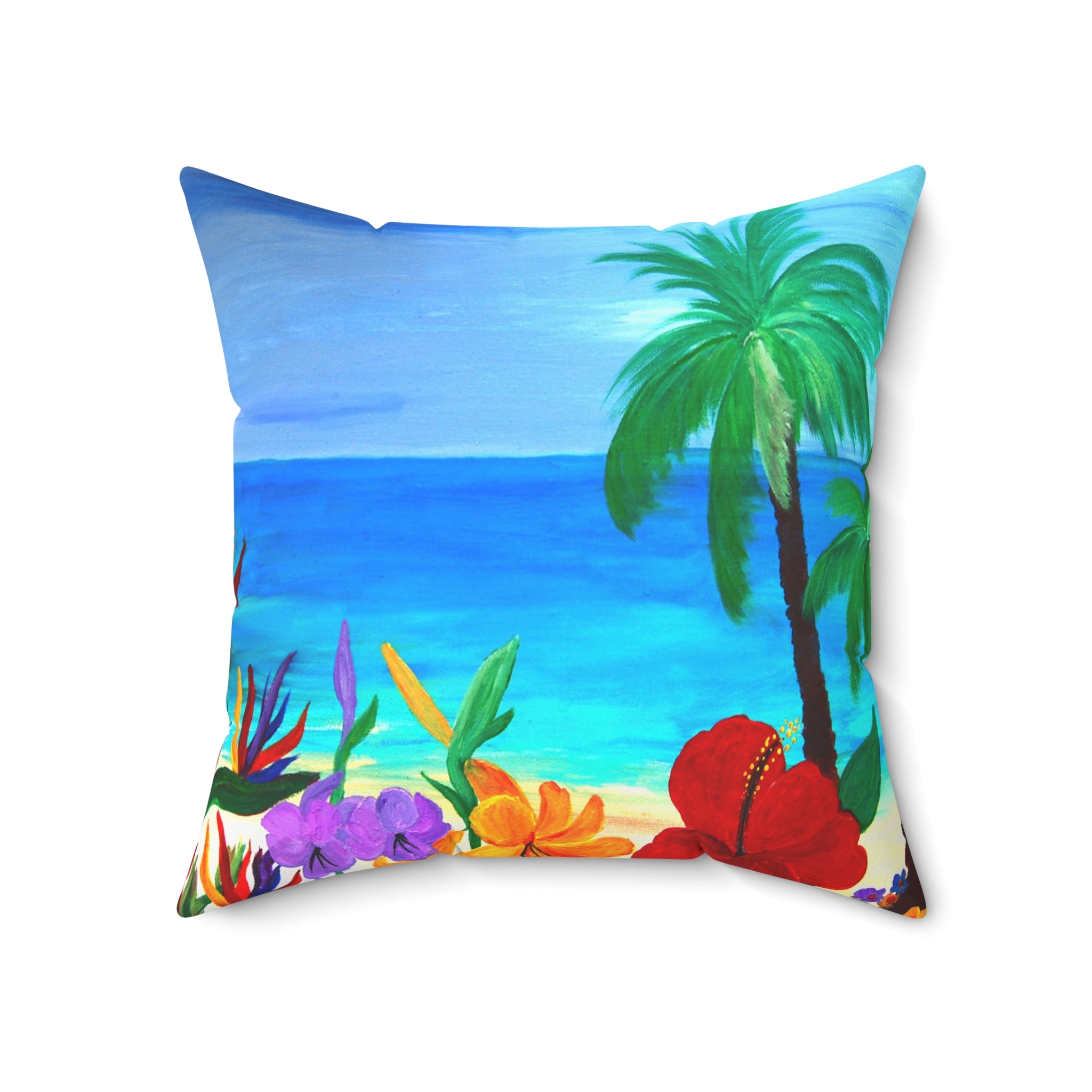 Tropical Beach Pillow - Palm Trees & Hibiscus Decorative Throw