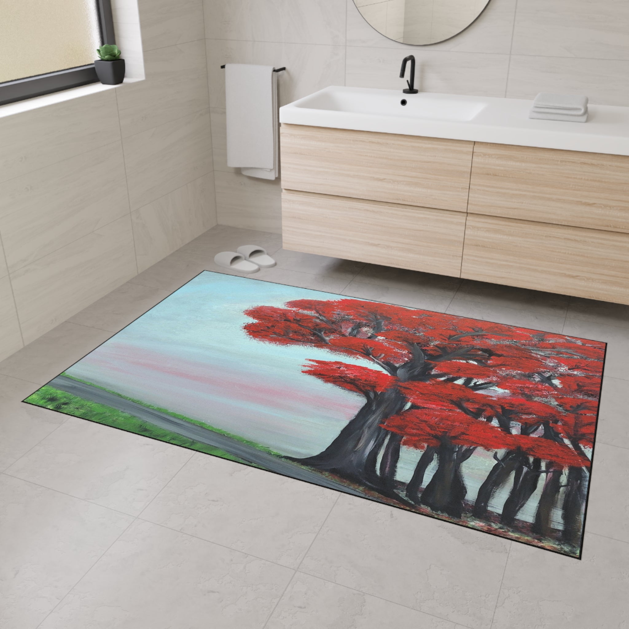 Red Tree Landscape Floor Mat — Durable Heavy-Duty Entry Rug