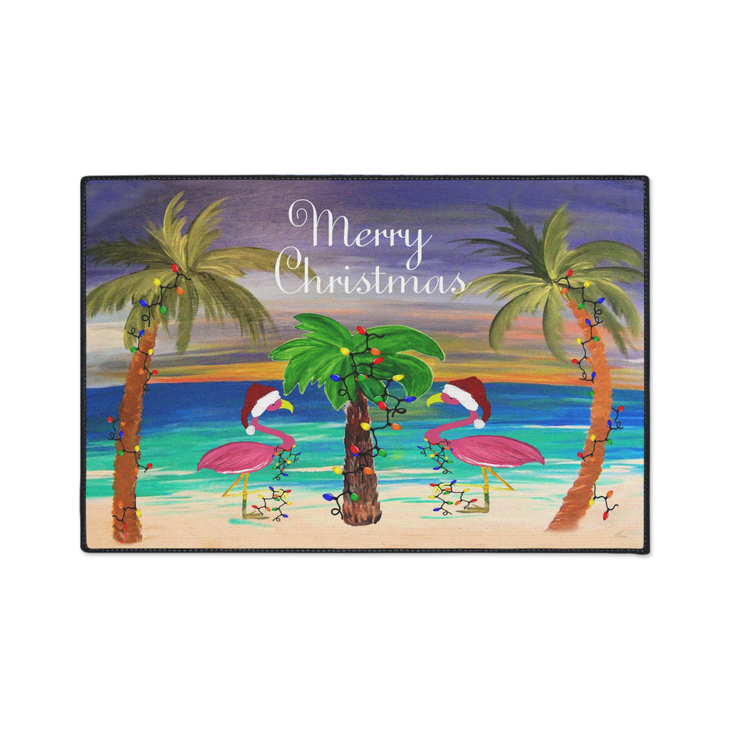 Christmas Beach Floor Mat — "Merry Christmas" Flamingo Palm Tree Doormat