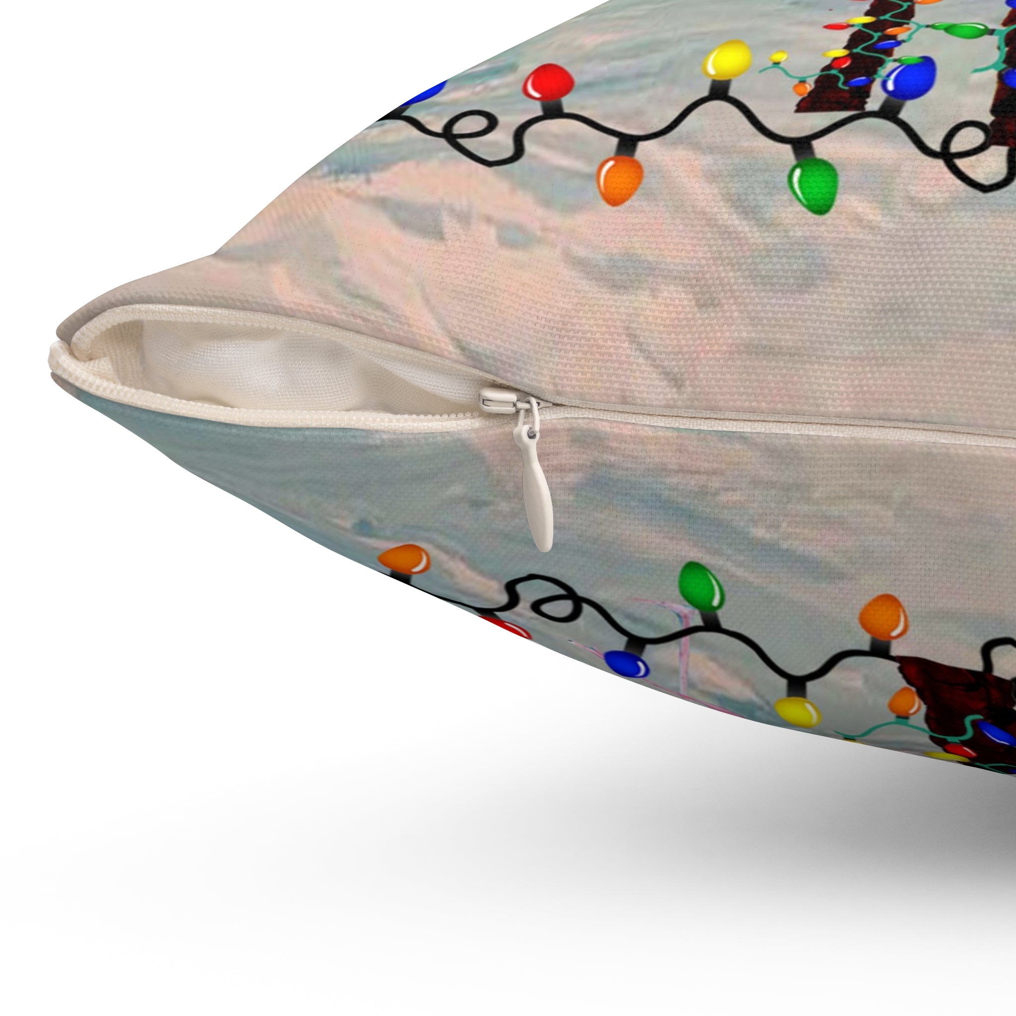 Tropical Christmas Palm Pillow — Flamingo & Holiday Lights Square Throw Pillow