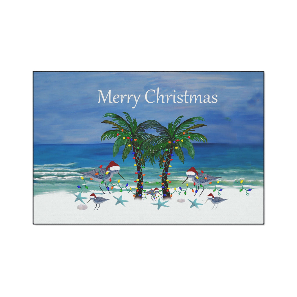 Sandpipers Shore Birds with Santa hats festive Beach Palm 'Merry Christmas' Floor Mat — Tropical Holiday Doormat