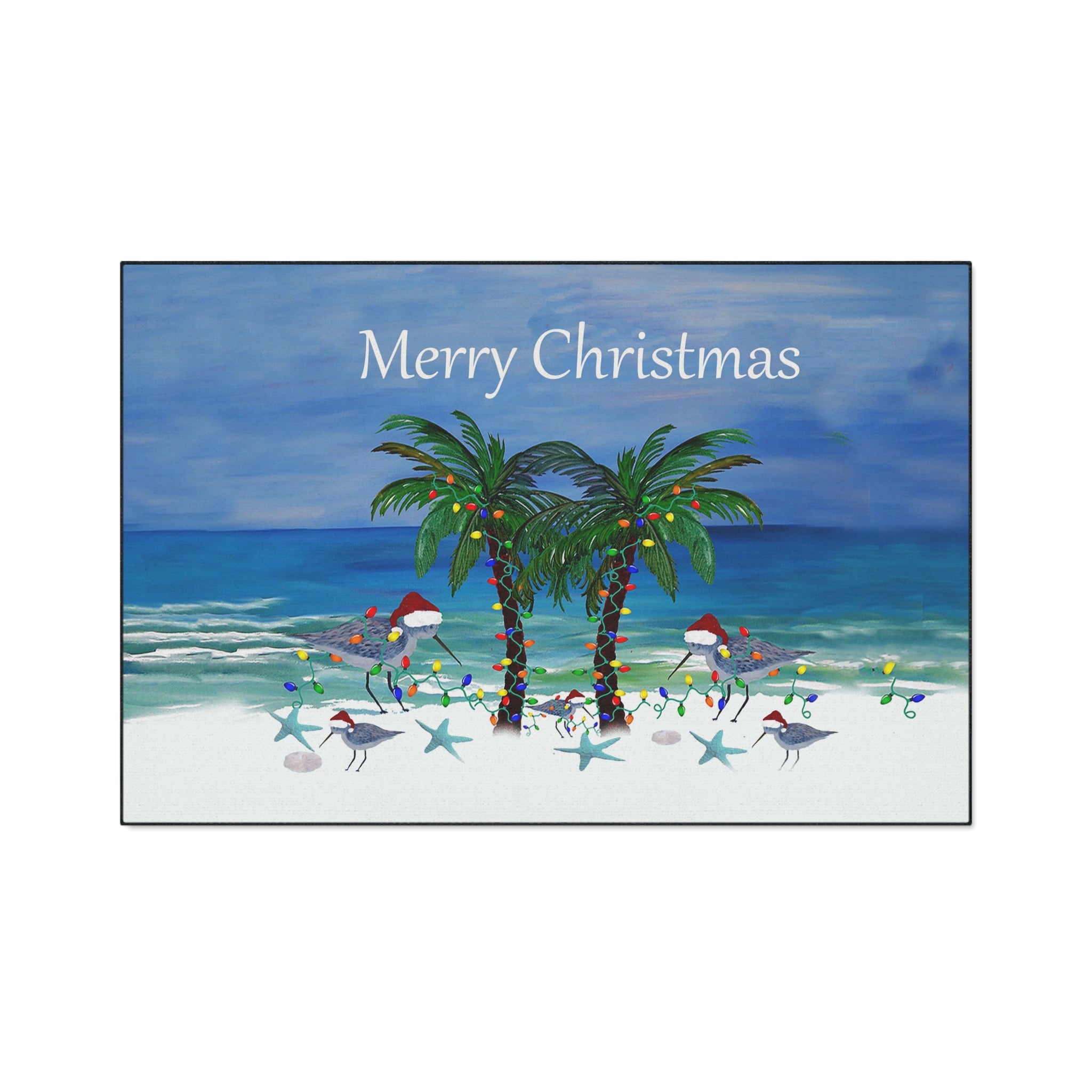 Sandpipers Shore Birds with Santa hats festive Beach Palm 'Merry Christmas' Floor Mat — Tropical Holiday Doormat