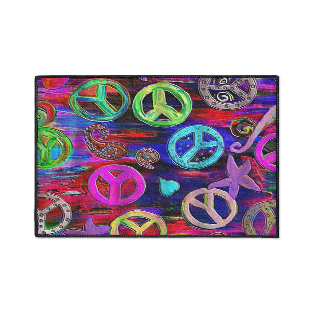 Vibrant Peace Signs Heavy Duty Floor Mat — Colorful Boho Entry Rug