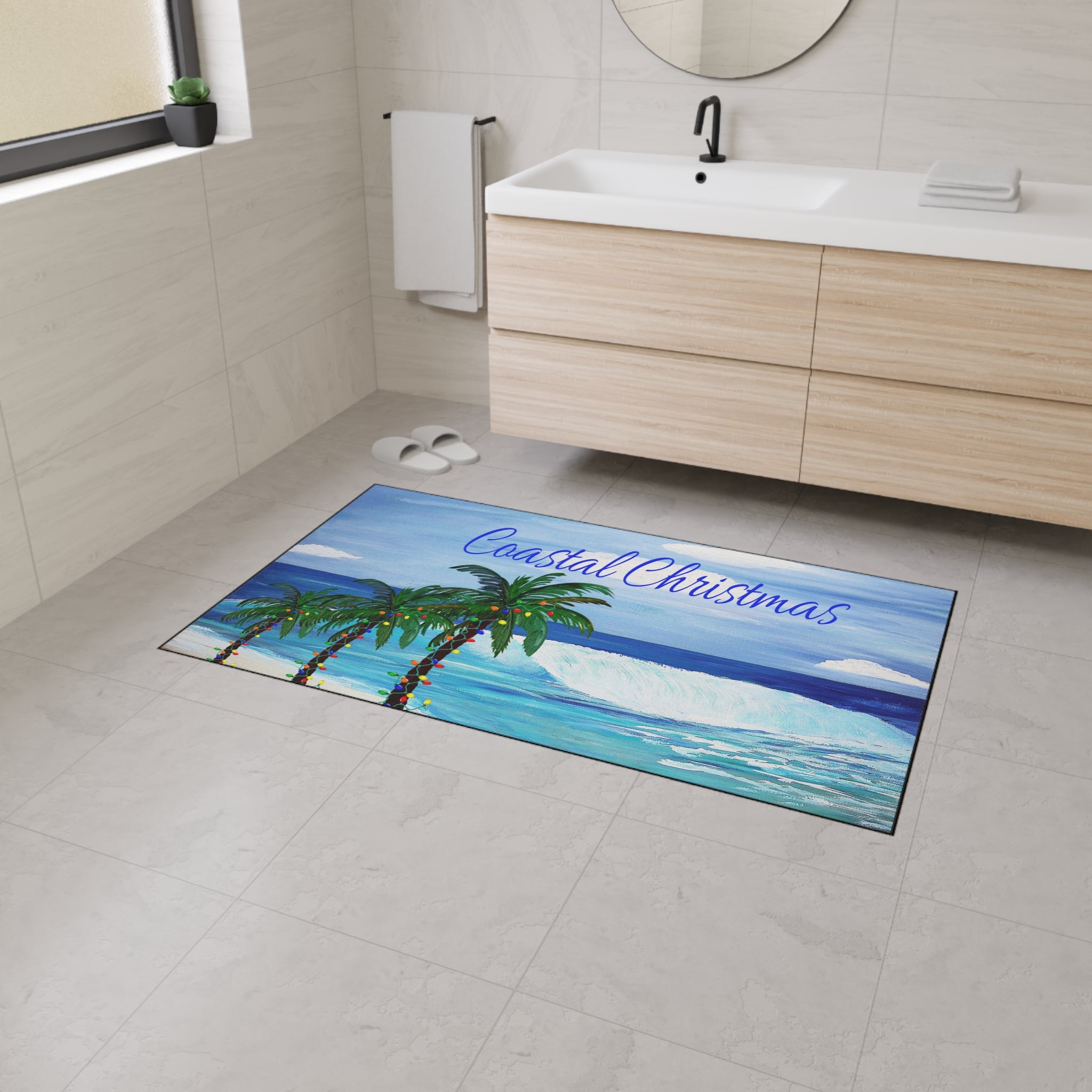 Coastal Christmas Floor Mat — Beach Palm Trees Holiday Doormat