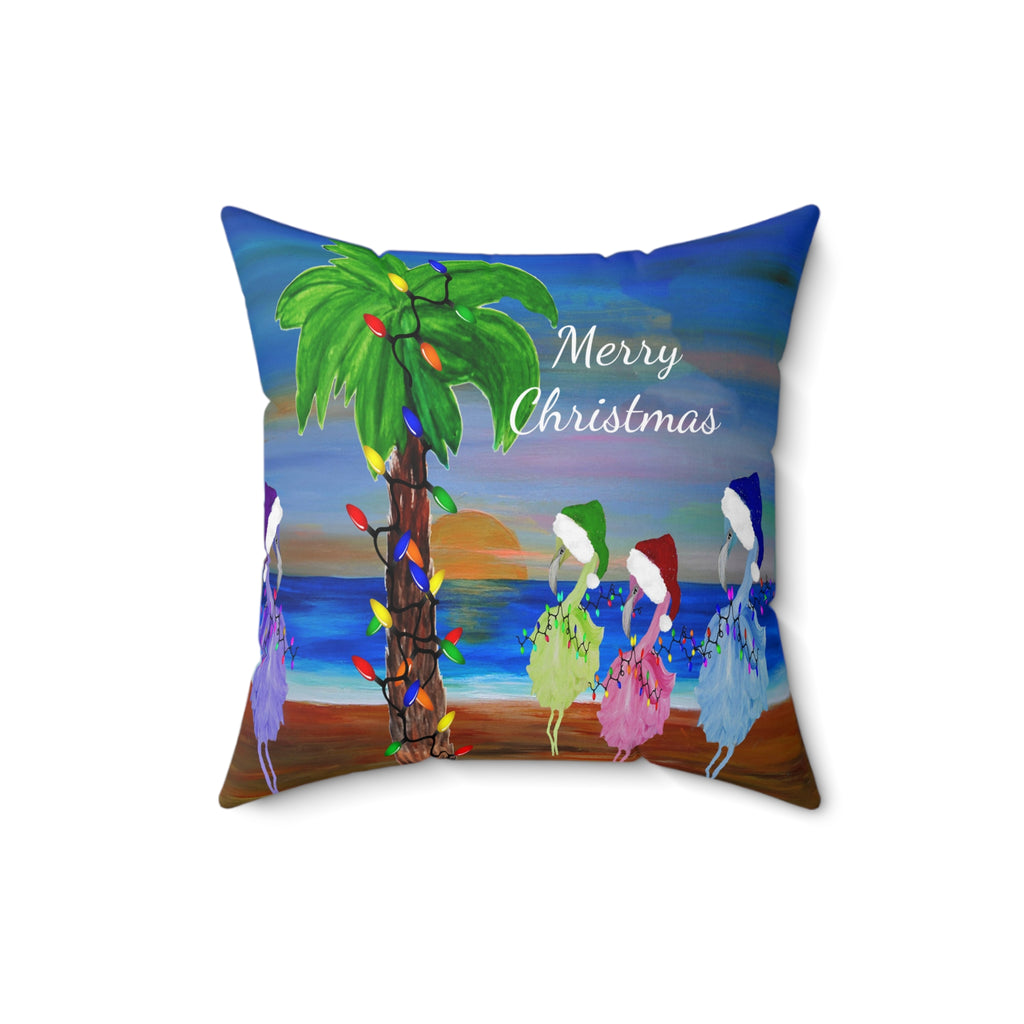 Flamingos Merry Christmas Tropical Palm Pillow — Festive Beach Holiday Decor