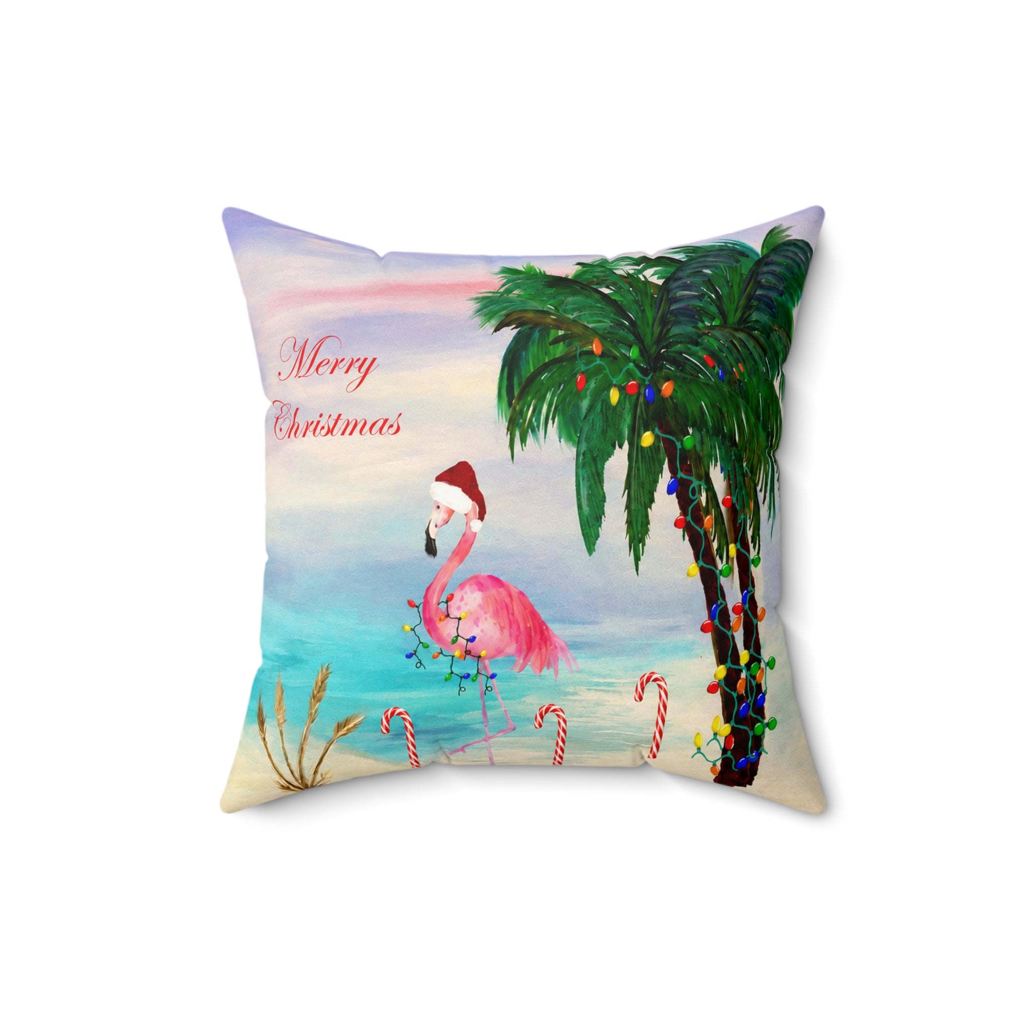 Christmas Flamingo Candy Canes Beach Pillow — Merry Christmas Tropical Holiday Throw Pillow