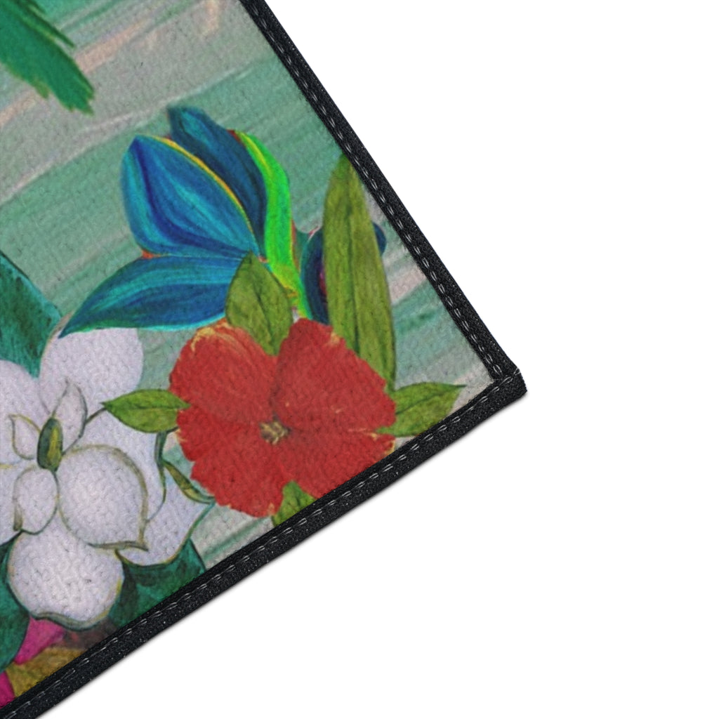 Tropical Beach Floor Mat — Palm Trees, Adirondack Chairs & Floral Welcome Doormat