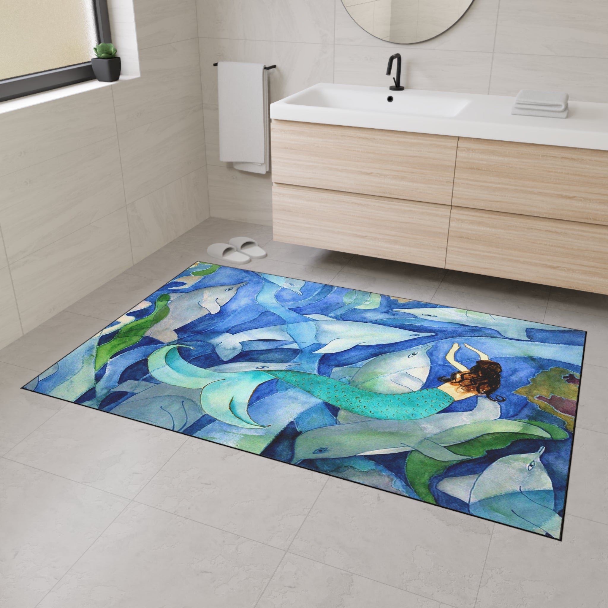 Mermaid and Dolphins Ocean Floor Mat — Heavy-Duty Nautical Doormat