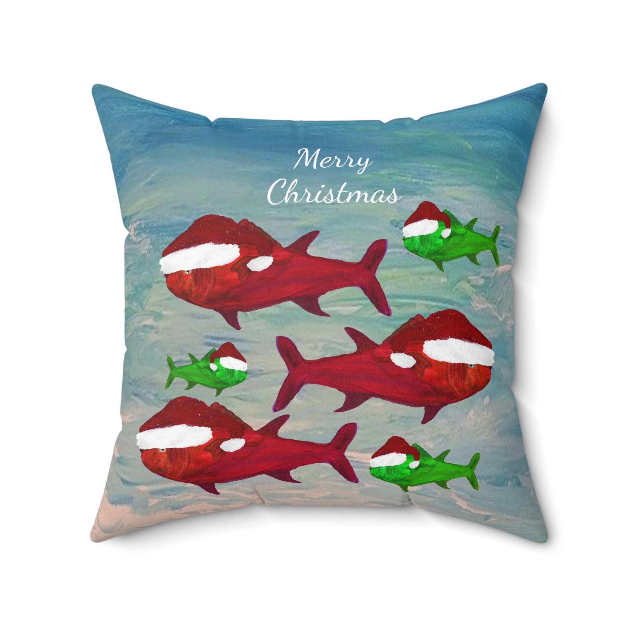 Christmas Fish Throw Pillow — 'Merry Christmas' Nautical Holiday Decor
