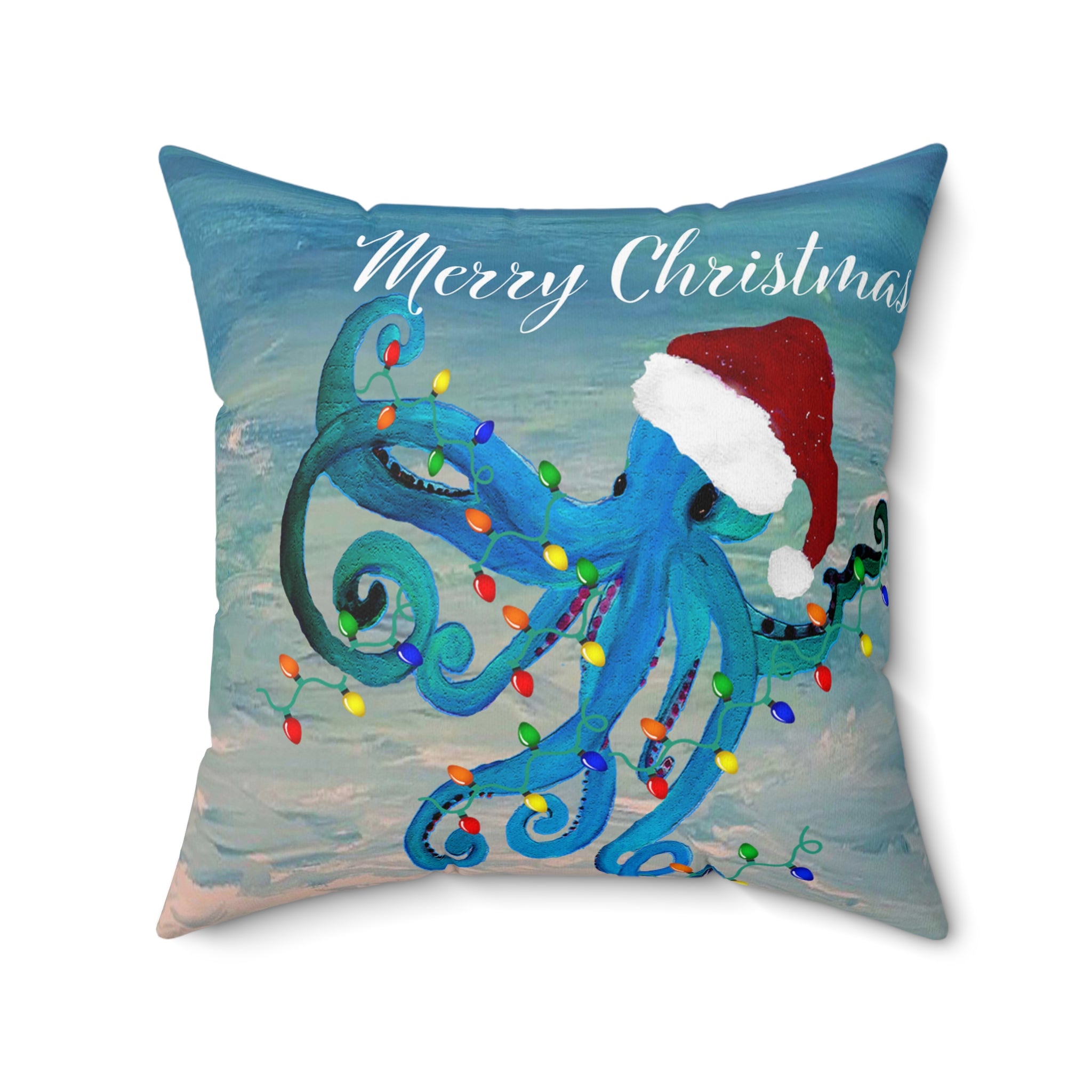 Merry Christmas Octopus Pillow — Festive Santa Hat Sea Creature Throw Pillow