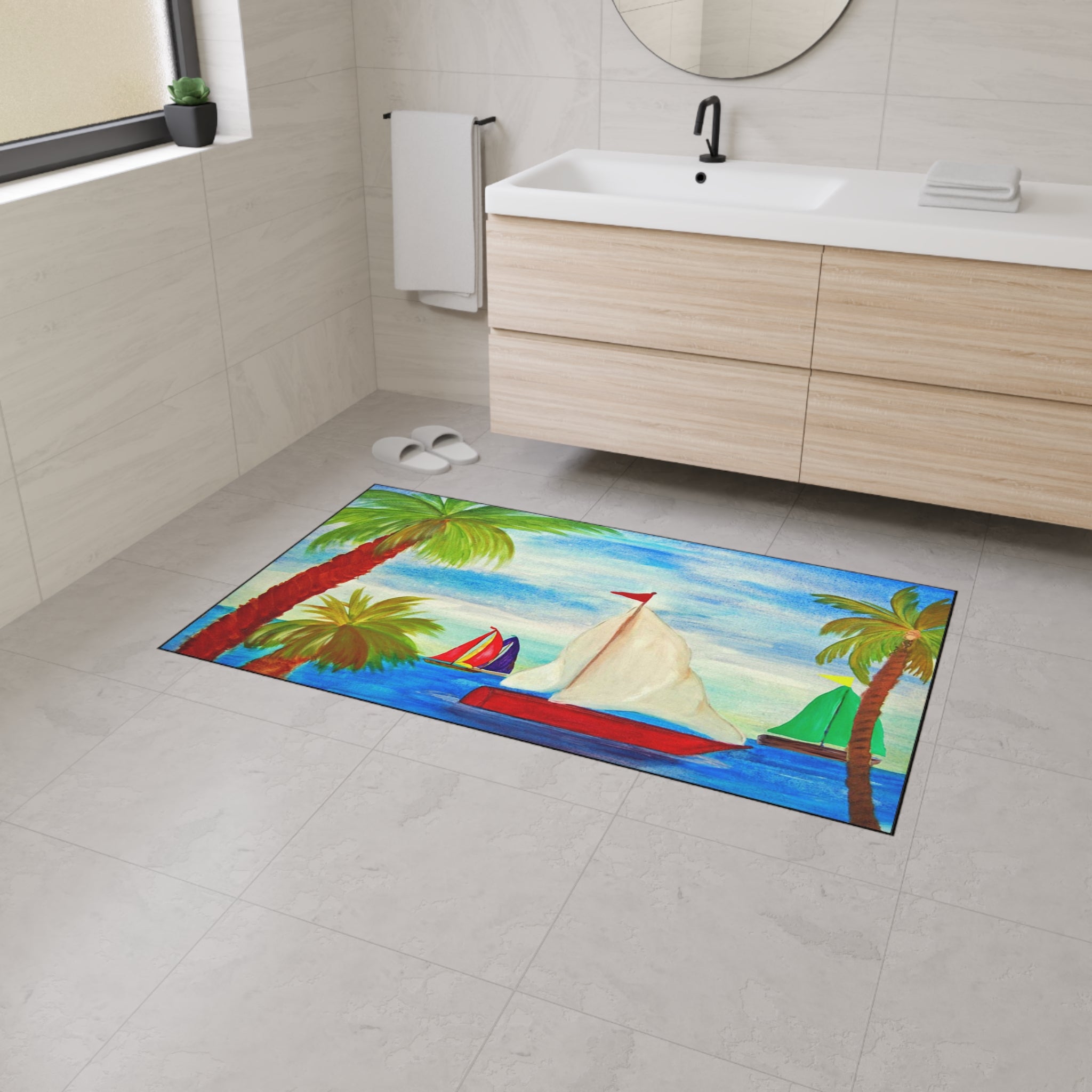 Sailboat Palm Beach Floor Mat — Heavy-Duty Tropical Welcome Mat