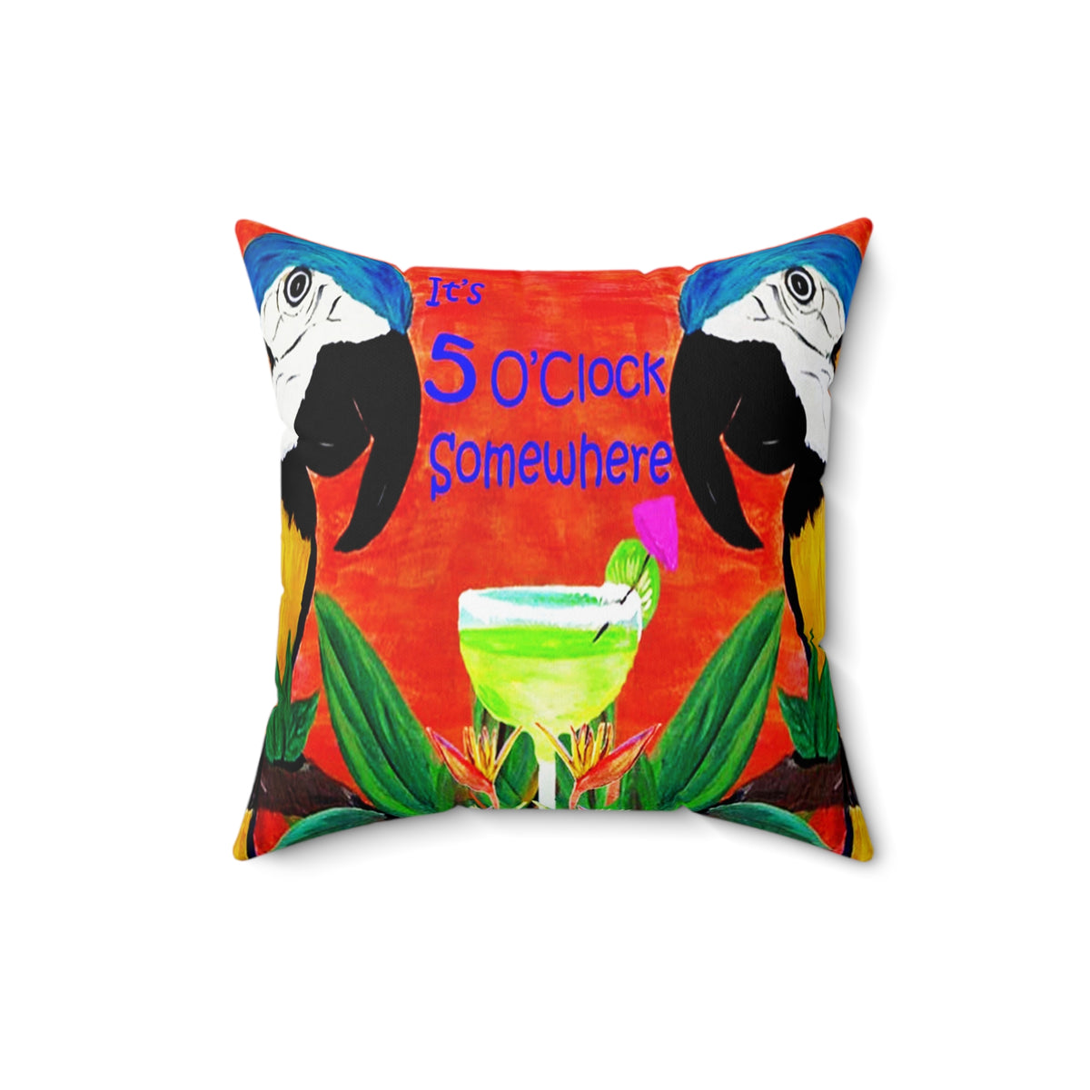 Square Pillow — Tropical Parrot 'It's 5 O'Clock Somewhere' Cocktail Design