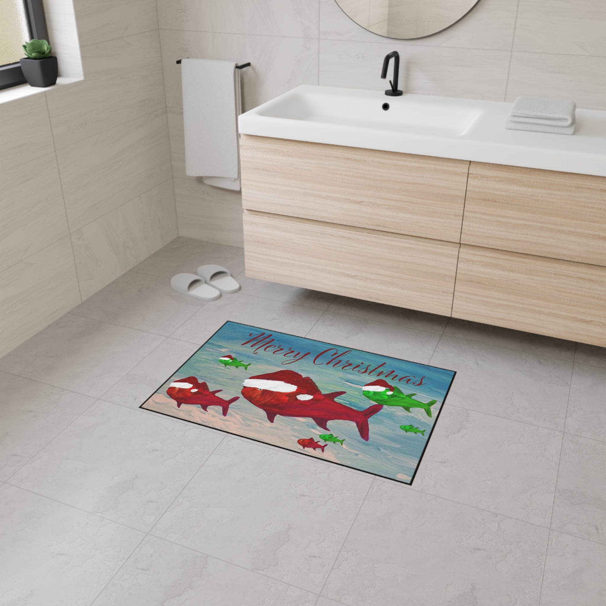 Christmas Fish Floor Mat — Merry Christmas Santa Hat Fish Holiday Door Mat