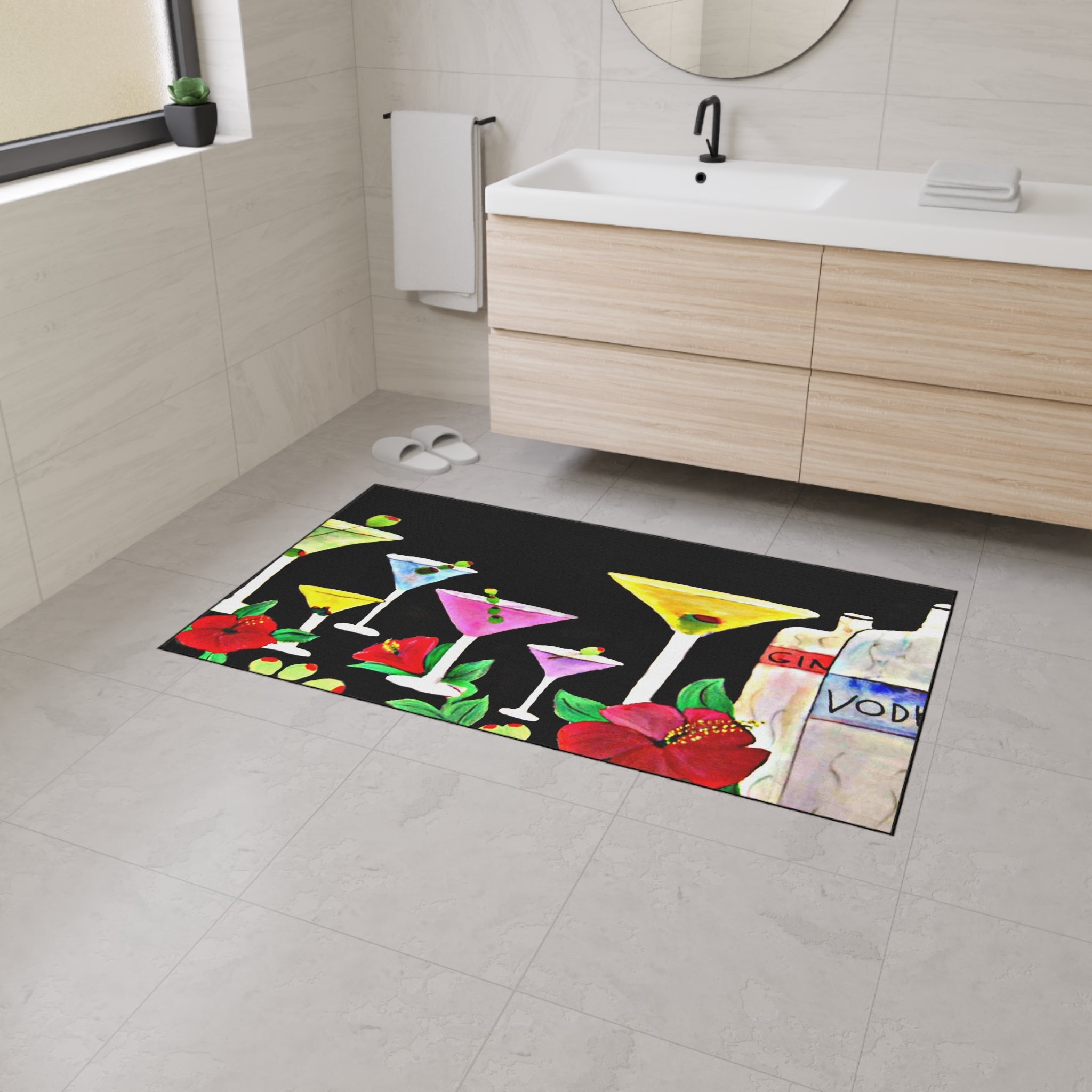 Cocktail Bar Floor Mat — Colorful Martini & Spirits Floral Mat