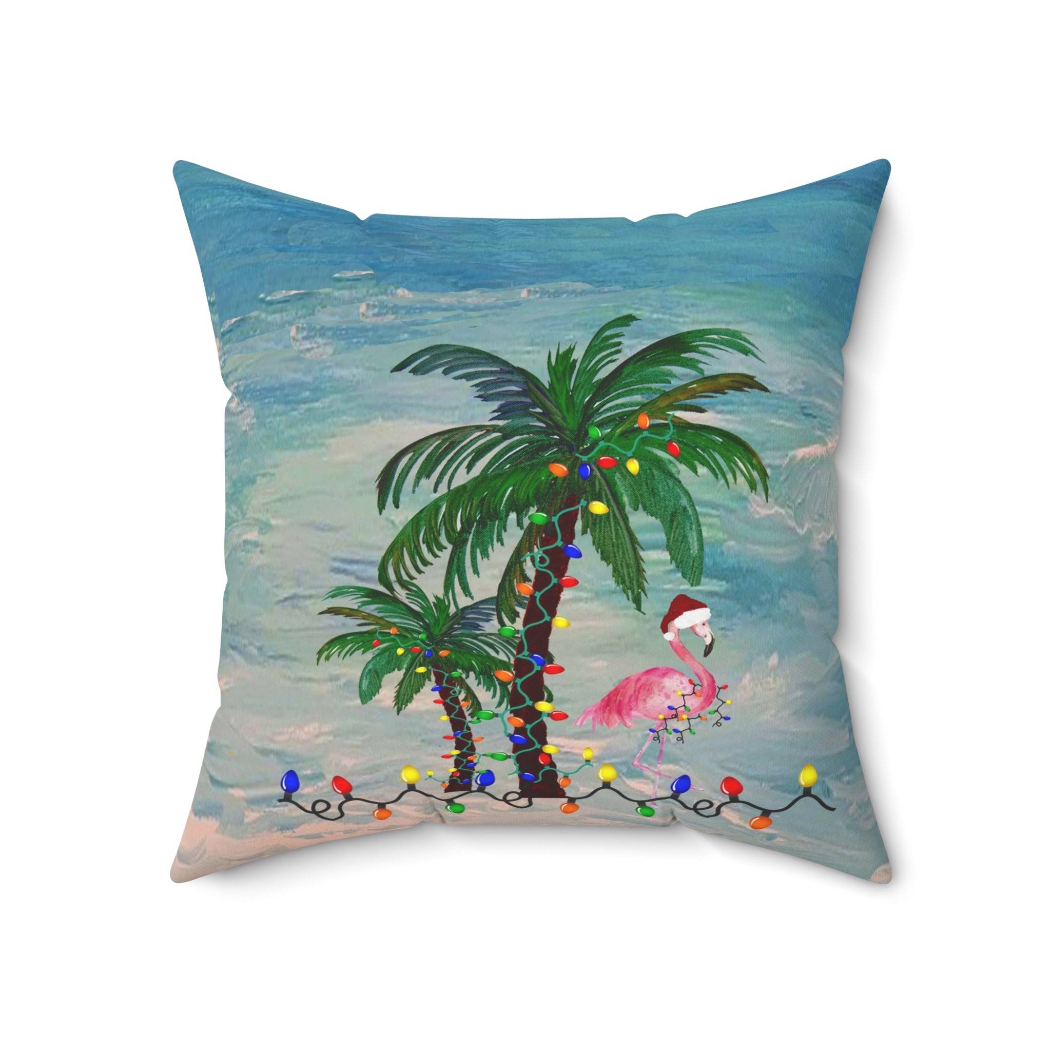 Tropical Christmas Palm Pillow — Flamingo & Holiday Lights Square Throw Pillow