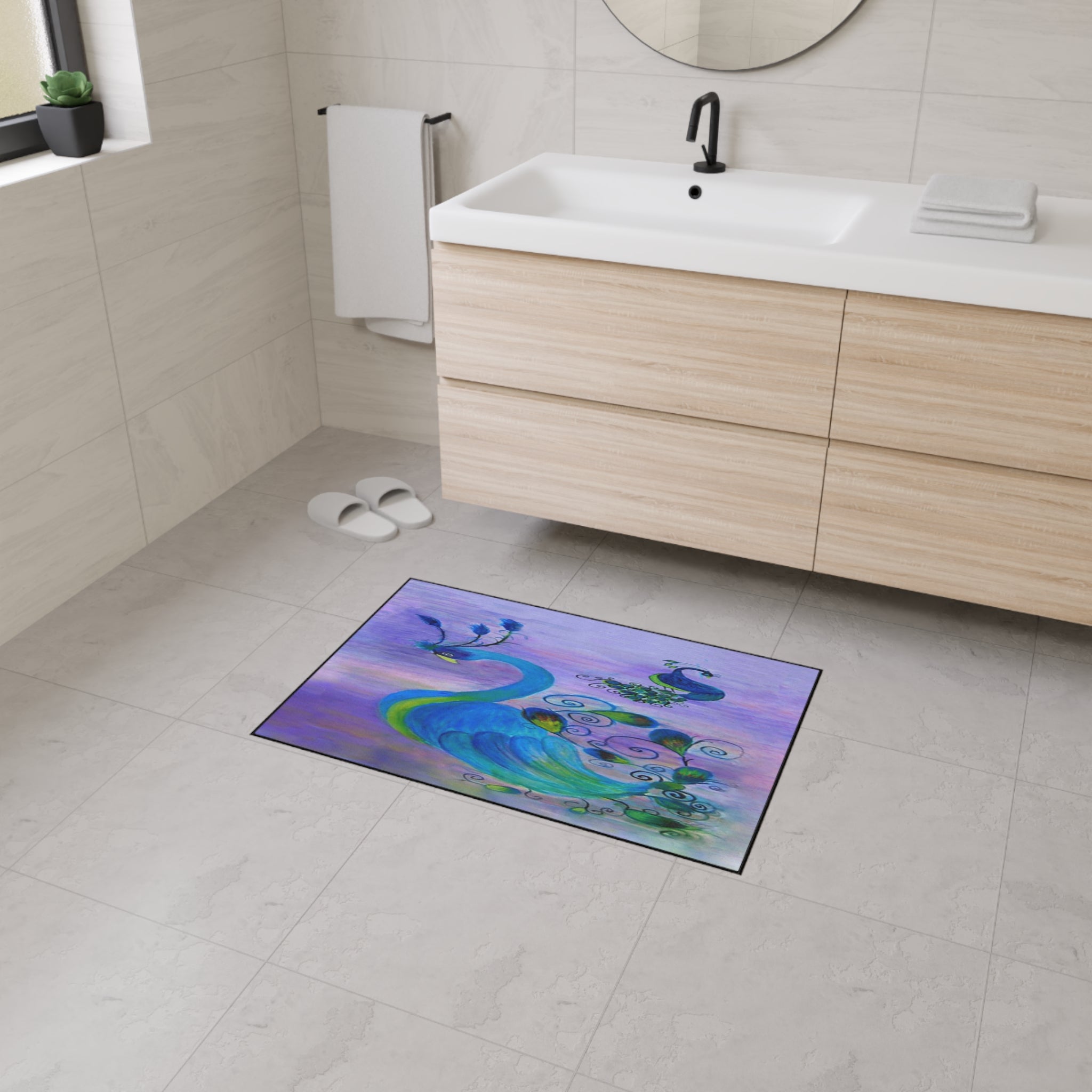 Peacock Art Heavy-Duty Floor Mat — Watercolor Blue & Purple Entry Rug