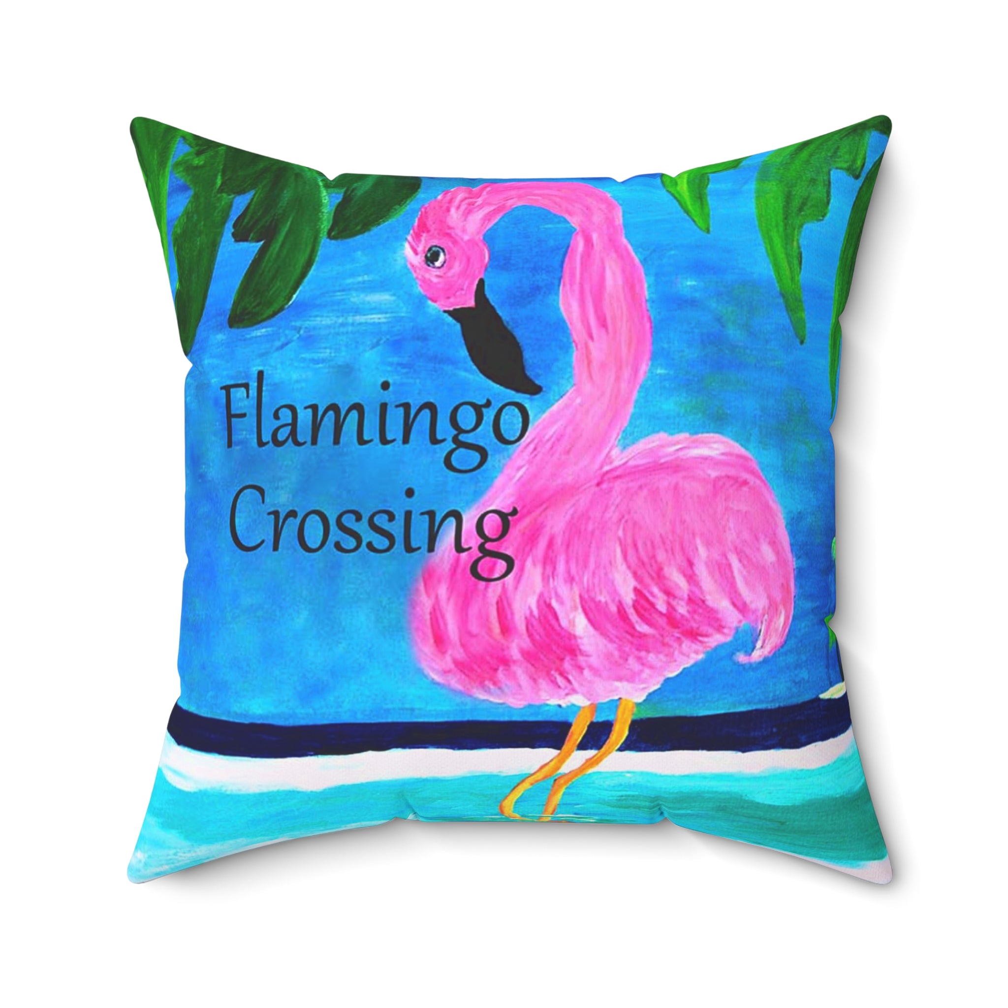 Flamingo Crossing Throw Pillow — Tropical Pink Flamingo Decorative Pillow