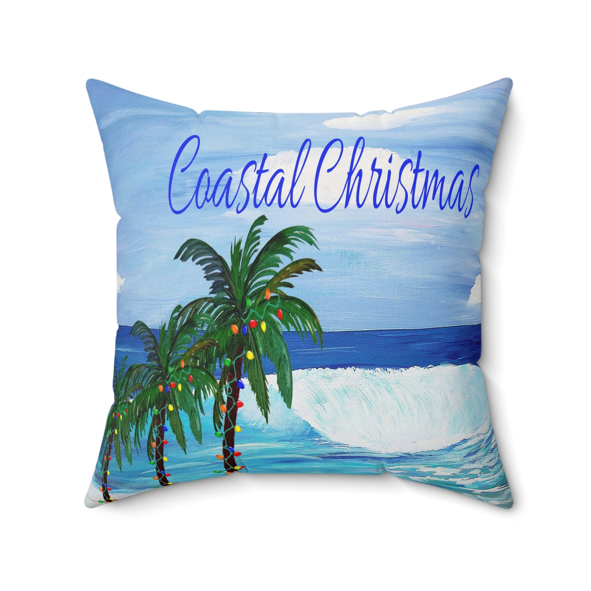 Coastal Christmas Throw Pillow - Tropical Palm Tree Beach Holiday Decor