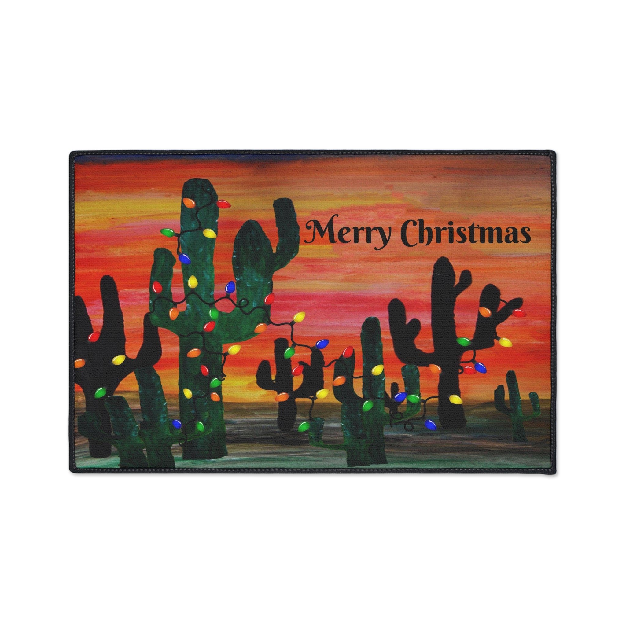 Christmas Cactus Doormat - "Merry Christmas" Desert Sunset Floor Mat